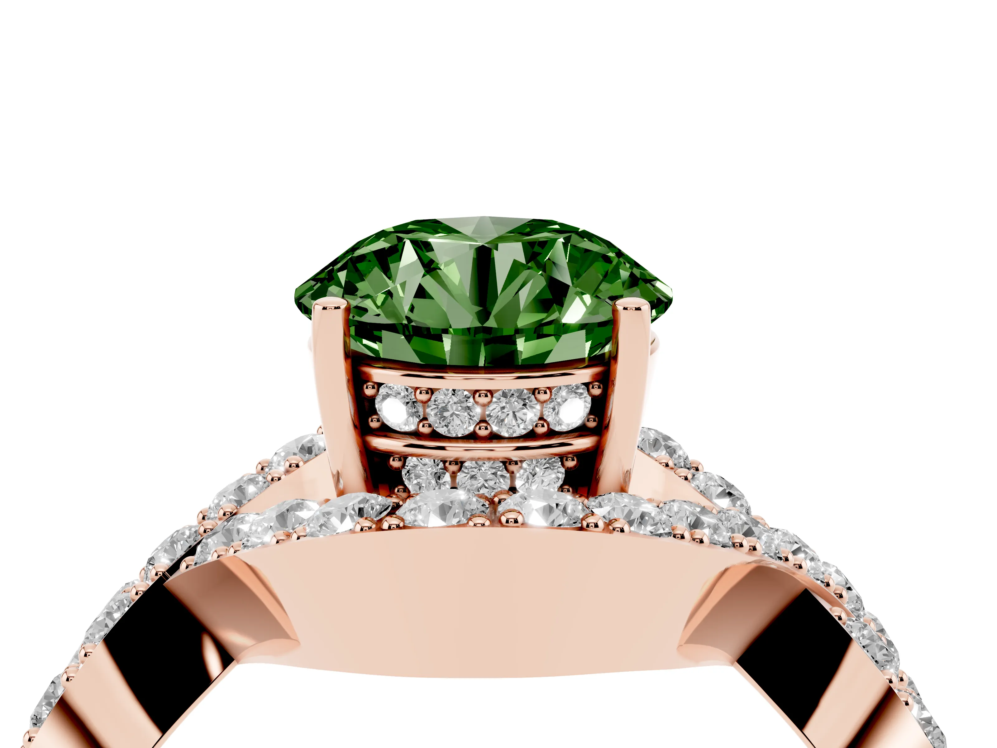 Fancy Green Round Cut Diamond Solitaire Twist Band Pavé Engagement Ring Set in Rose gold