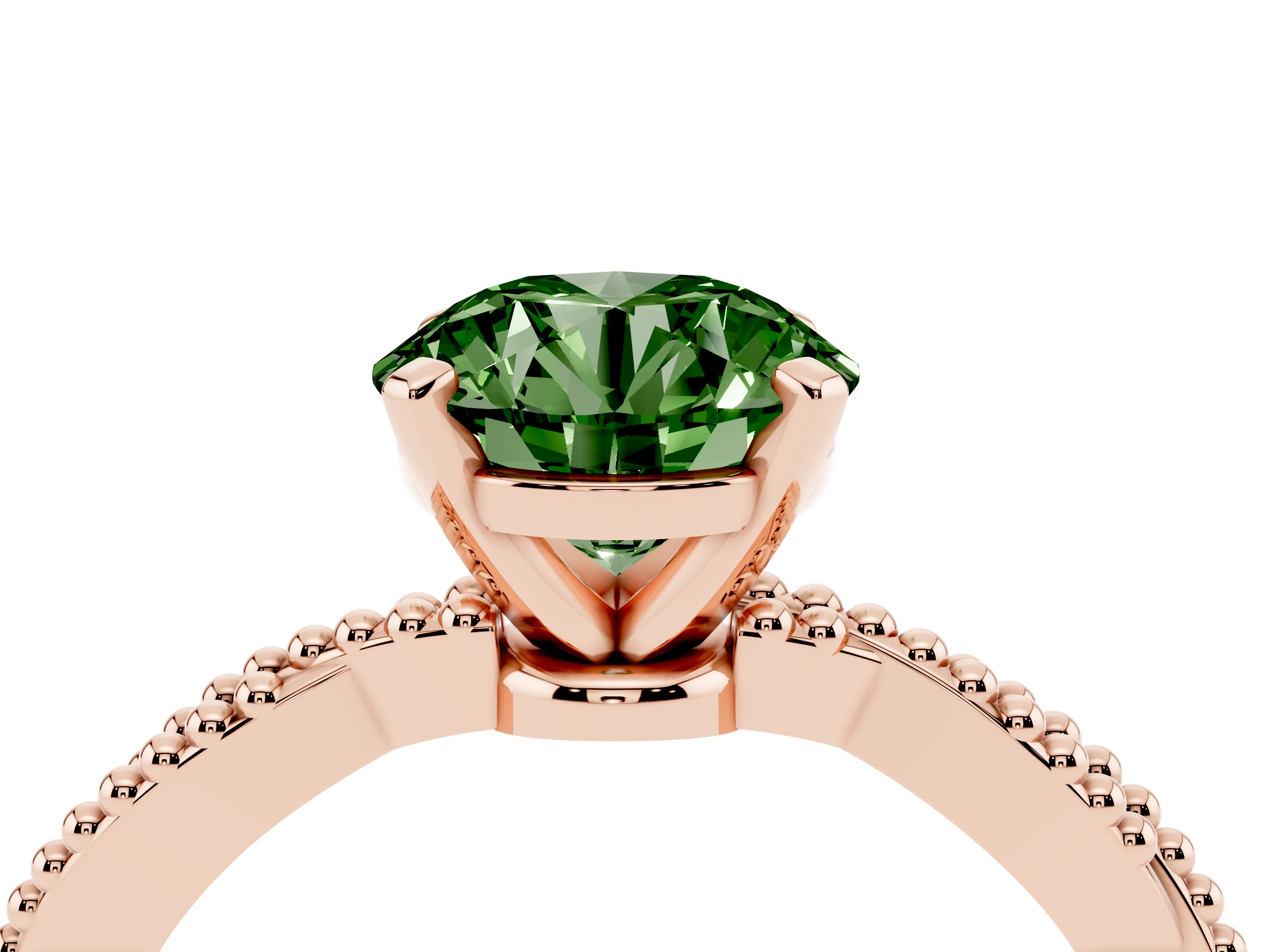 Fancy Green Round Cut Diamond Solitaire Ring Set in Rose gold with Twisted Band and Bead Prong Setting