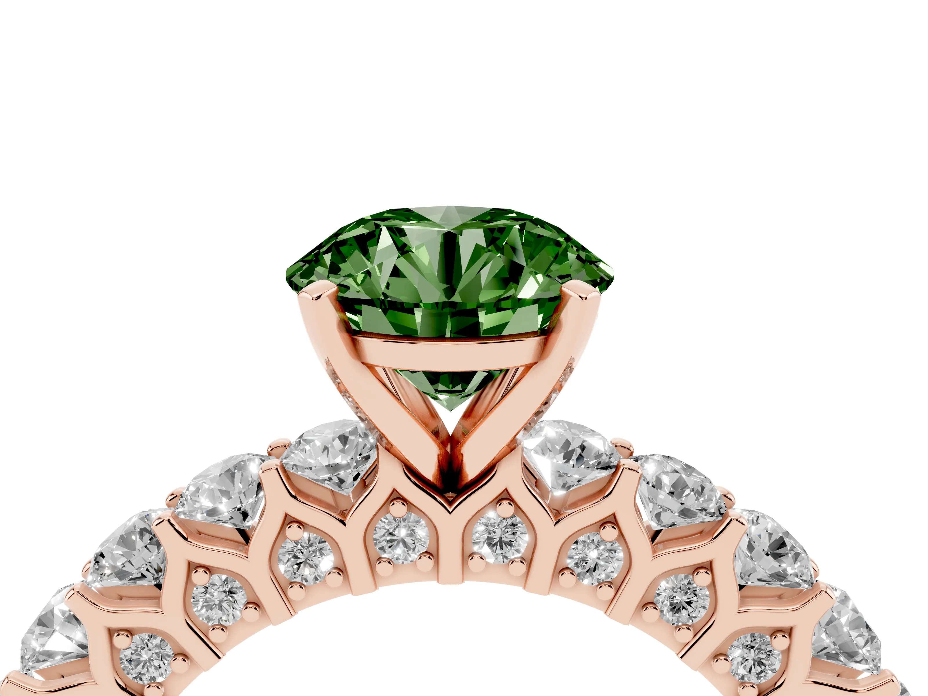 Fancy Green Round Cut Diamond Solitaire Ring Set in Rose gold with Shared Prong Pavé Band