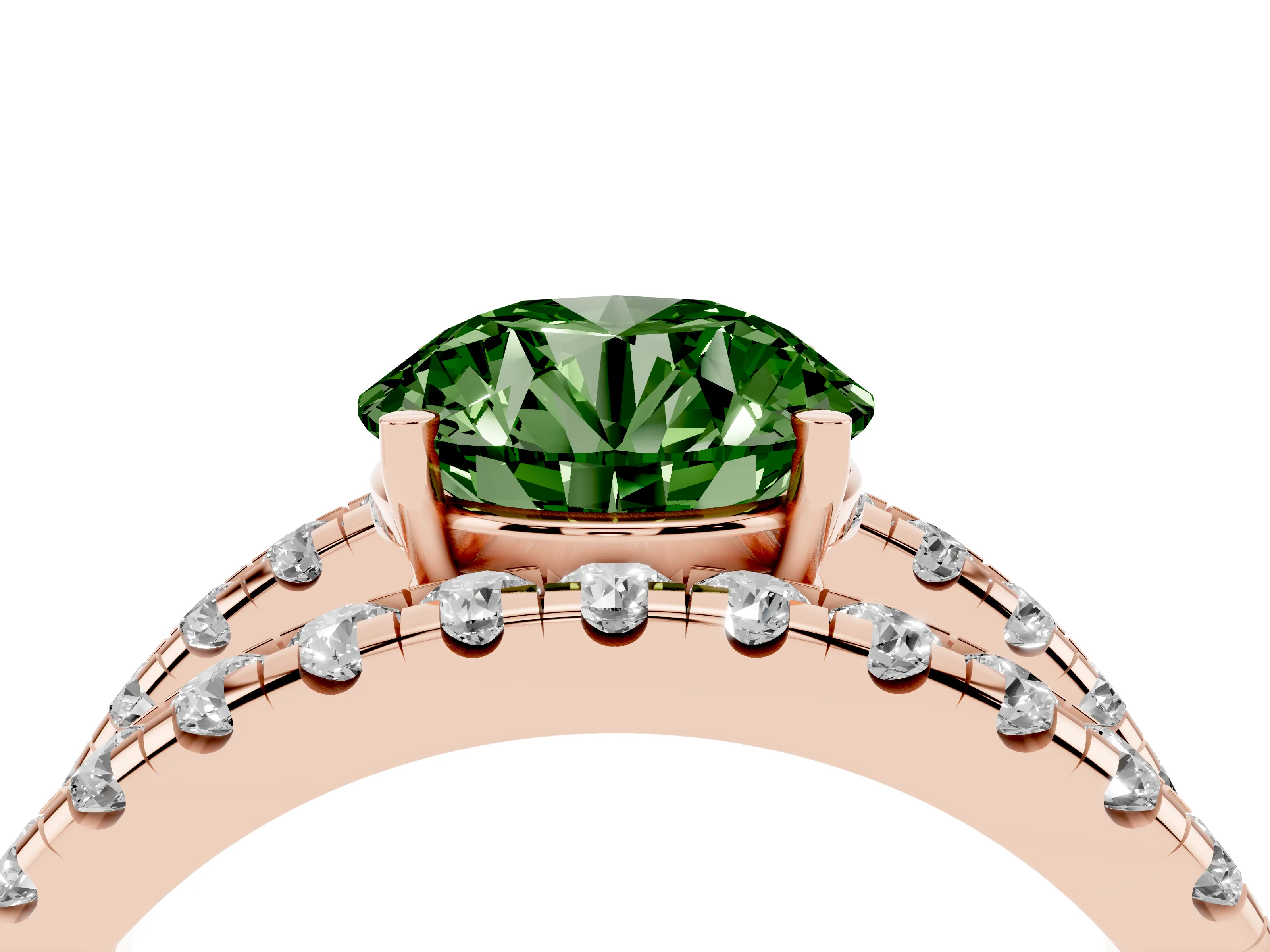 Fancy Green Round Cut Diamond Split Shank Pavé Solitaire Ring Set in Rose gold with Open Shank Design