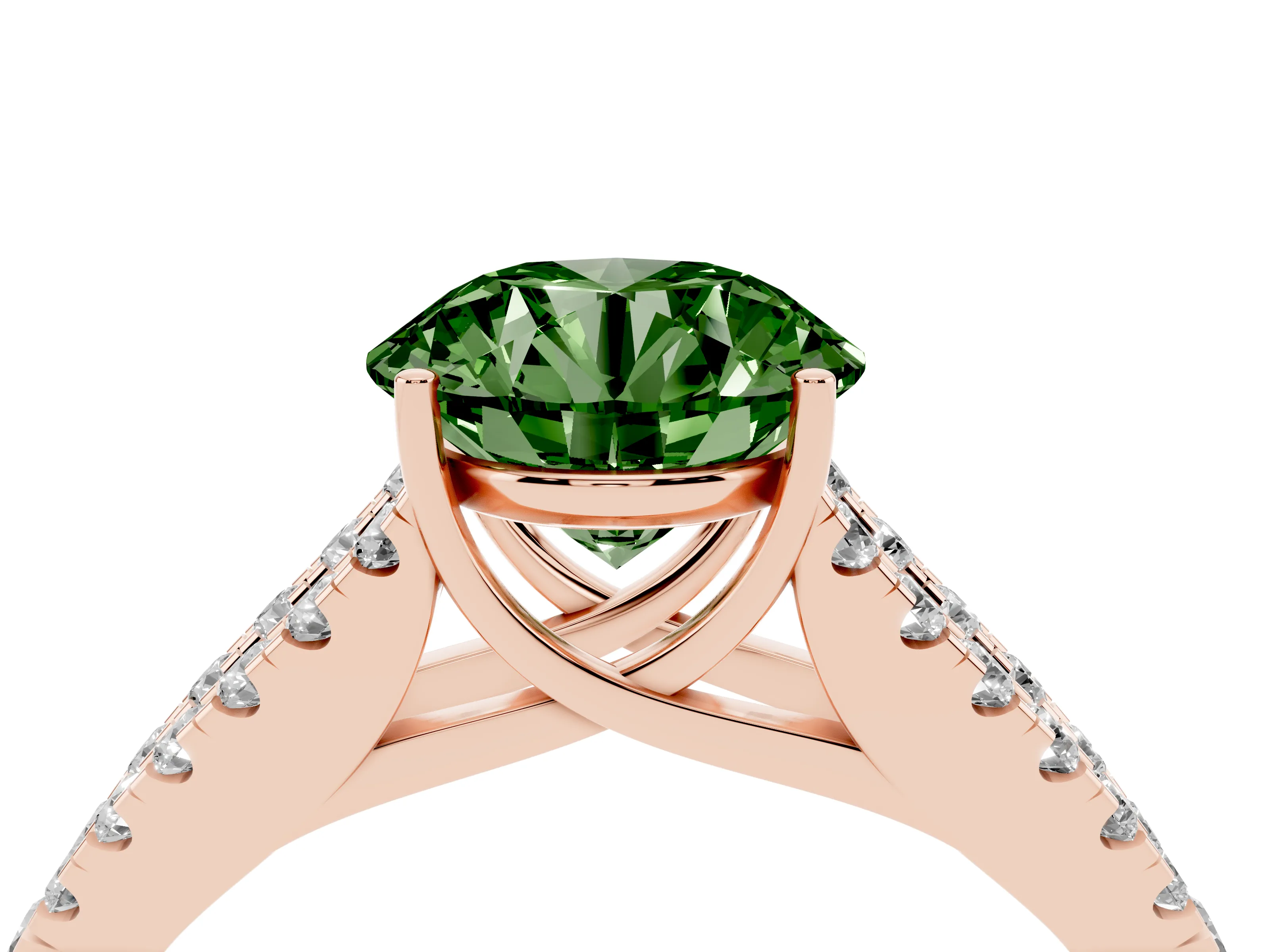Fancy Green Round Cut Diamond Split Shank Pavé Engagement Ring Set in Rose gold with Prong-Held Center Stone