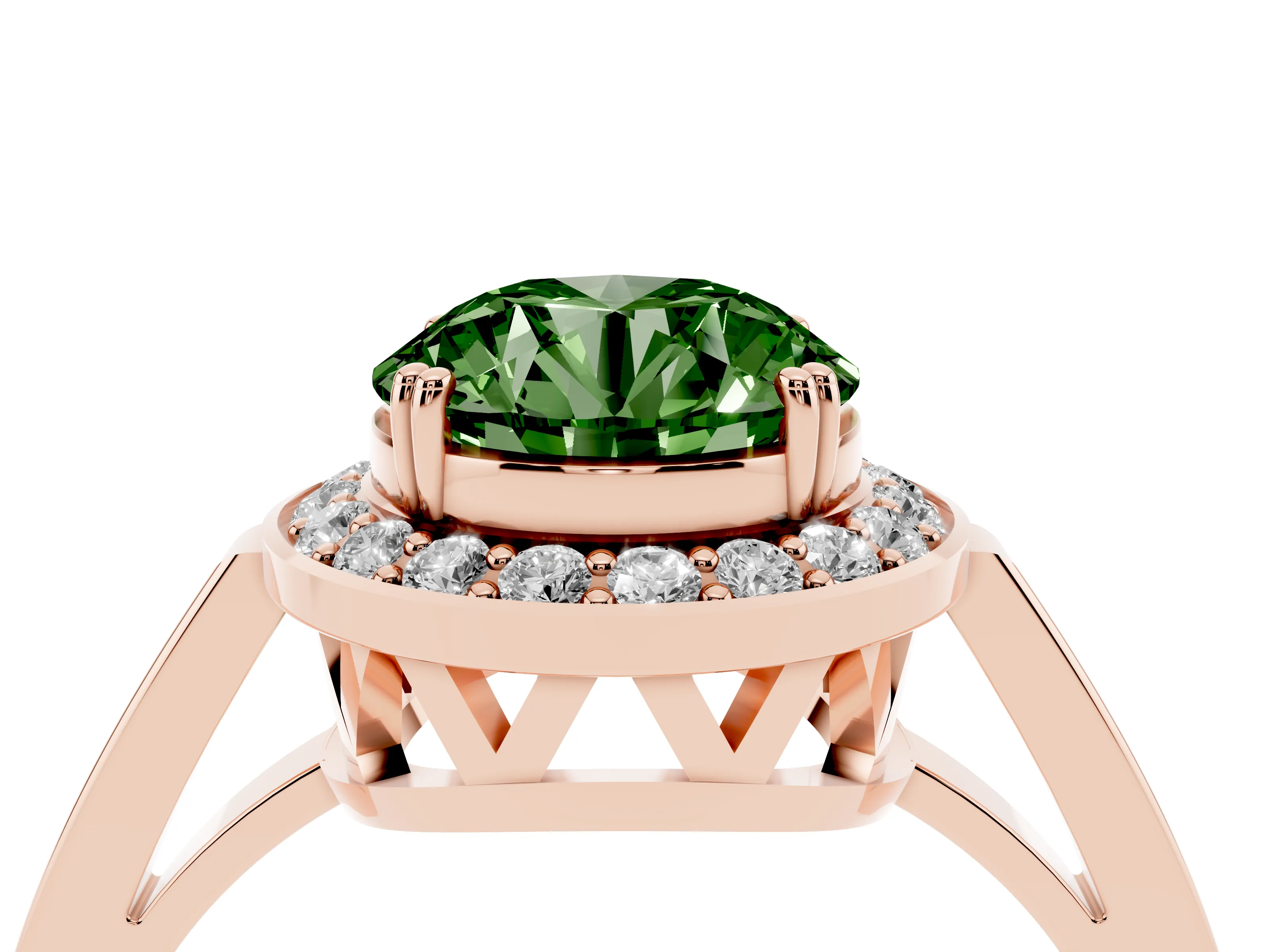 Fancy Green Round Cut Diamond Halo Ring Set in Rose gold with Accent-Lined Split Shank and Prong Setting