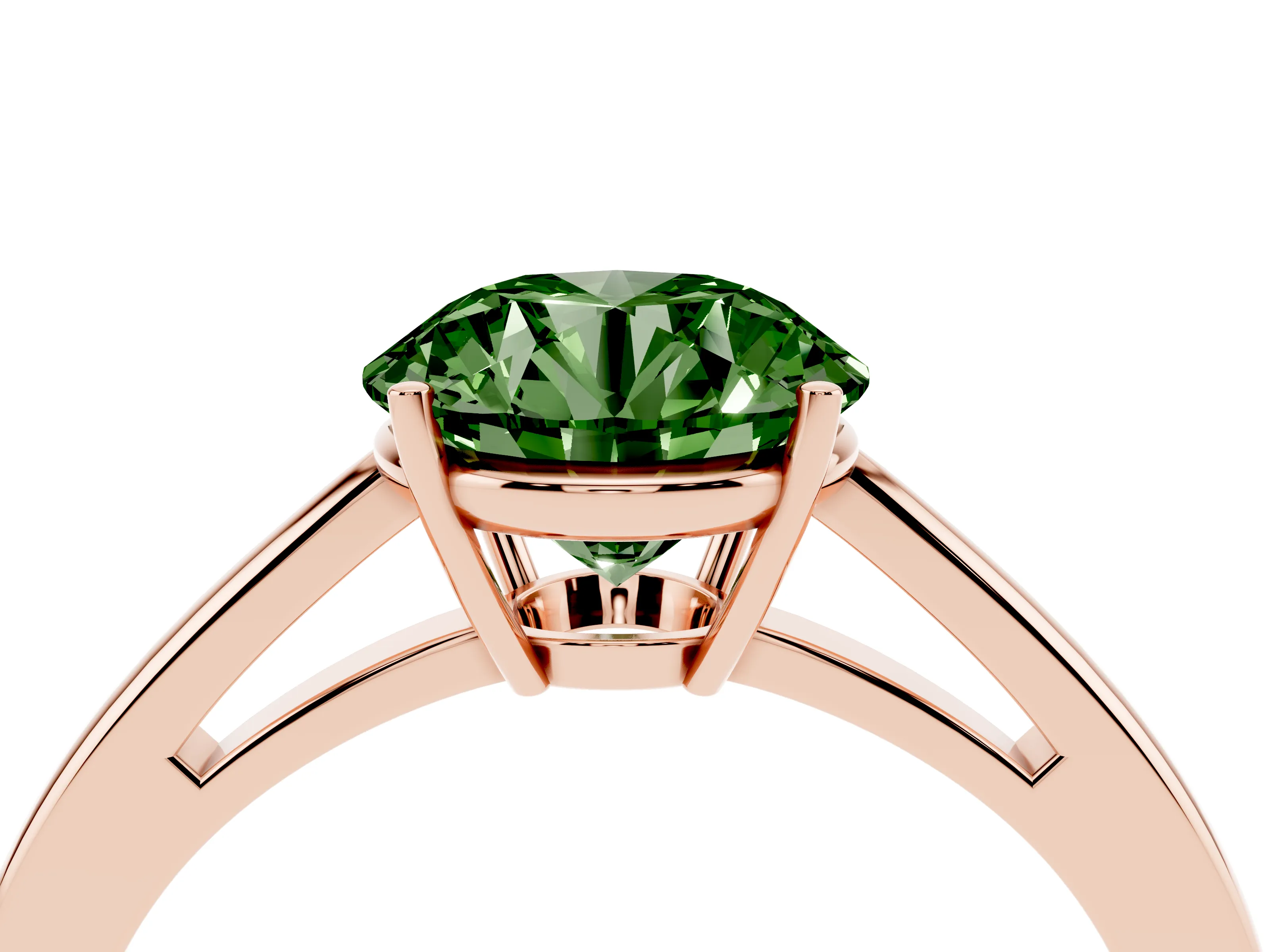 Fancy Green Round Cut Diamond Solitaire Ring Set in Rose gold with Split Shank and Prong Setting