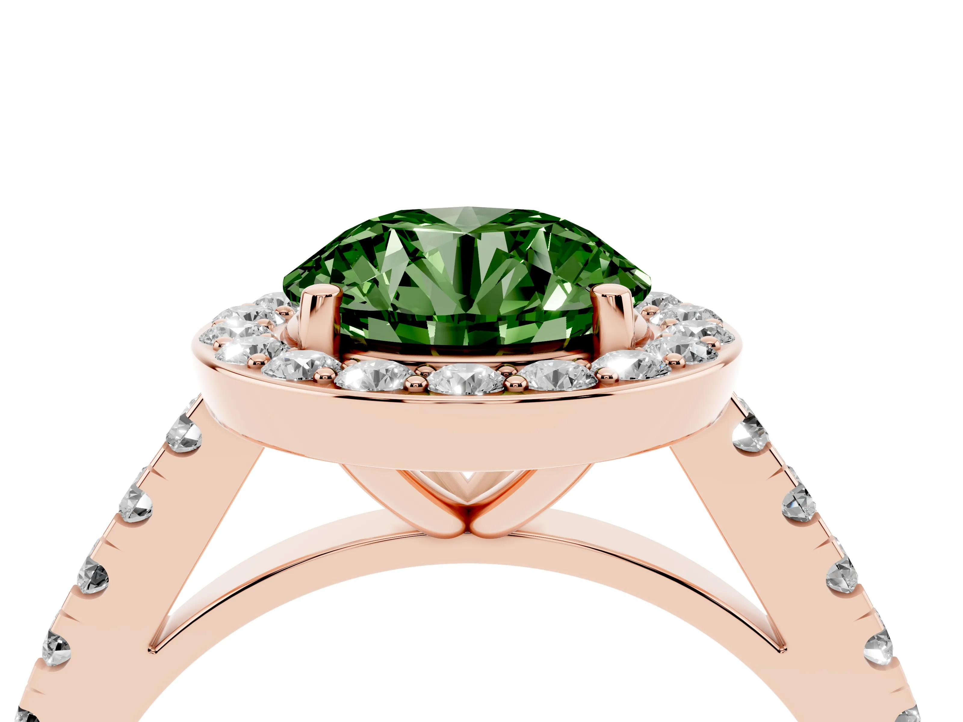 Fancy Green Round Cut Diamond Halo Ring Set in Rose gold with Round Pavé Split Shank and Prong Setting