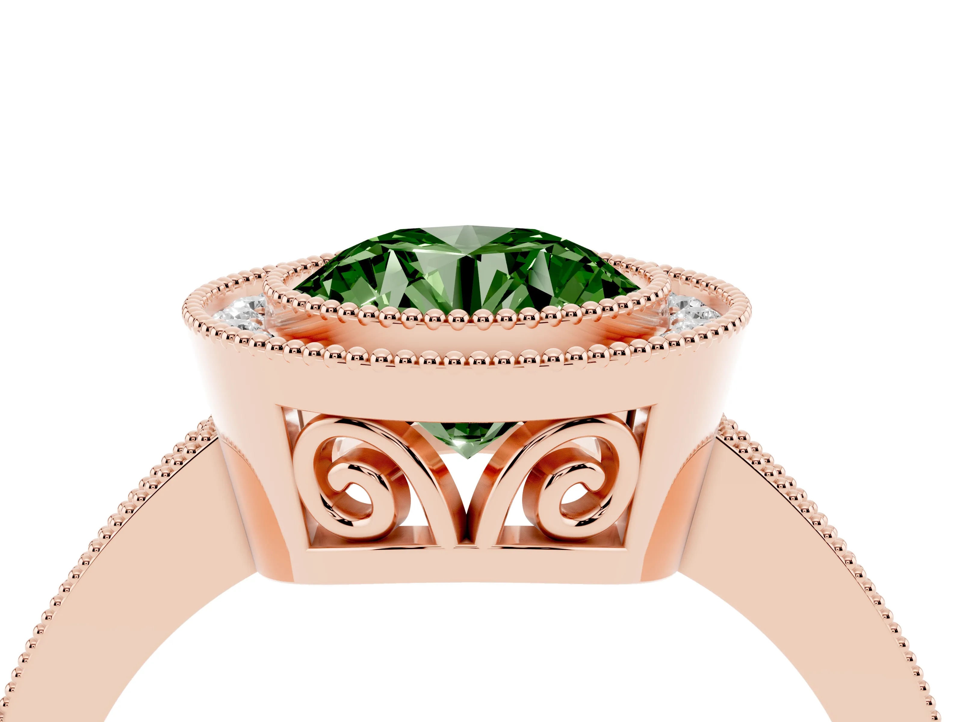 Fancy Green Round Cut Diamond Halo Ring Set in Rose gold with Pavé Band and Milgrain-Edged Prongs