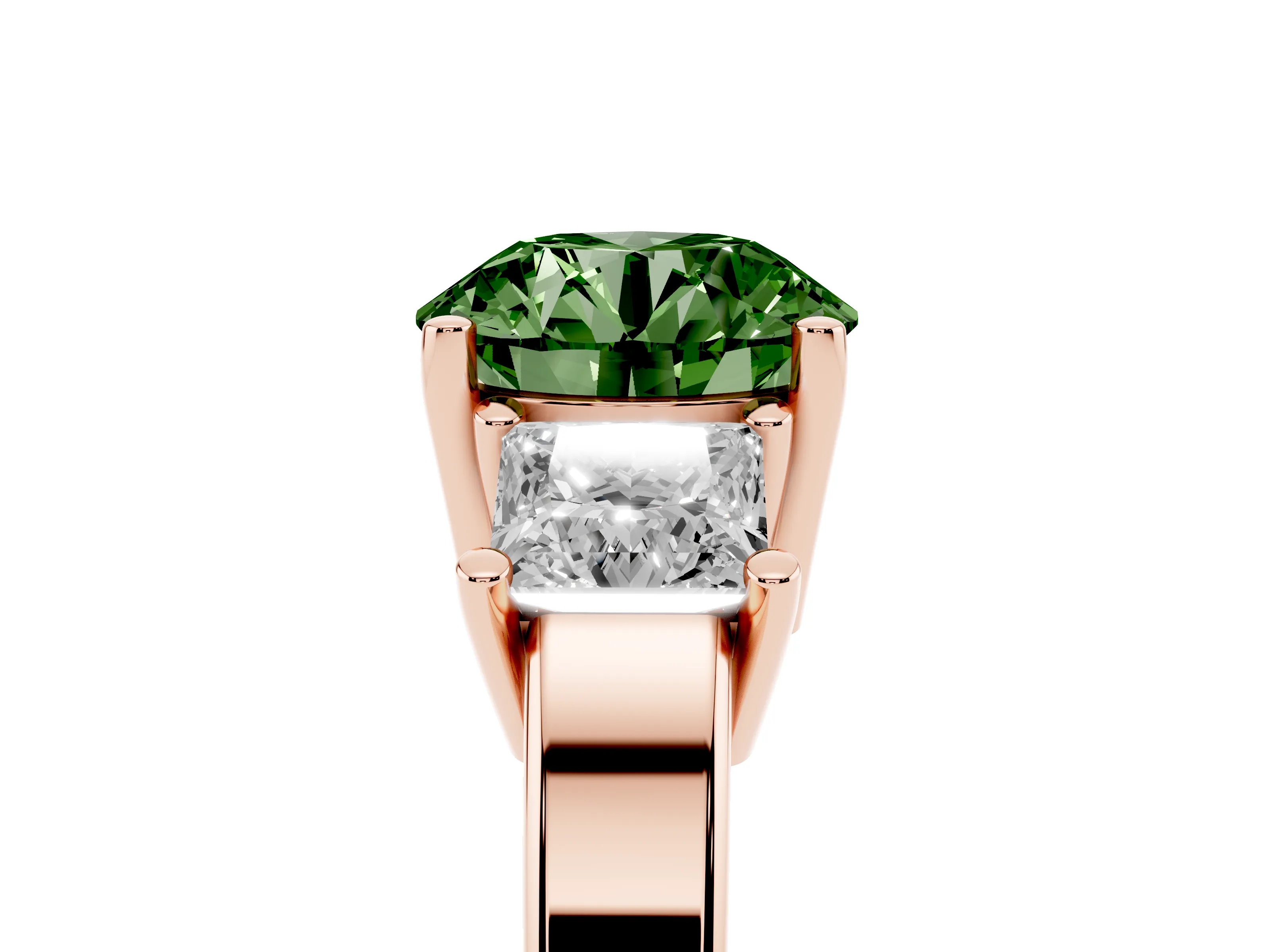 Fancy Green Three-Stone Round Cut Diamond Solitaire Ring Set in Rose gold with Prong Setting