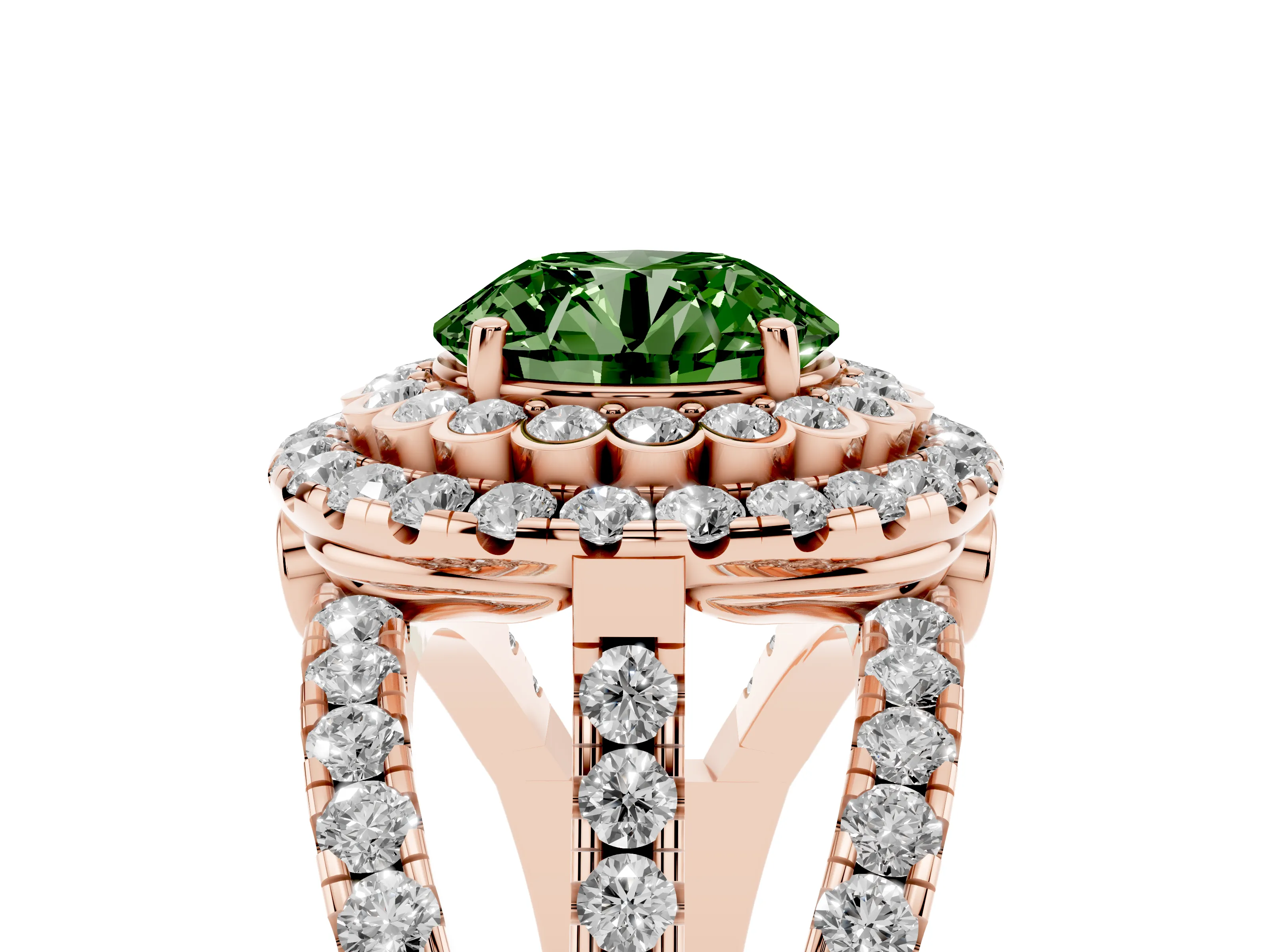Fancy Green Round Cut Diamond Double Halo Ring Set in Rose gold with Round Pavé Split Shank
