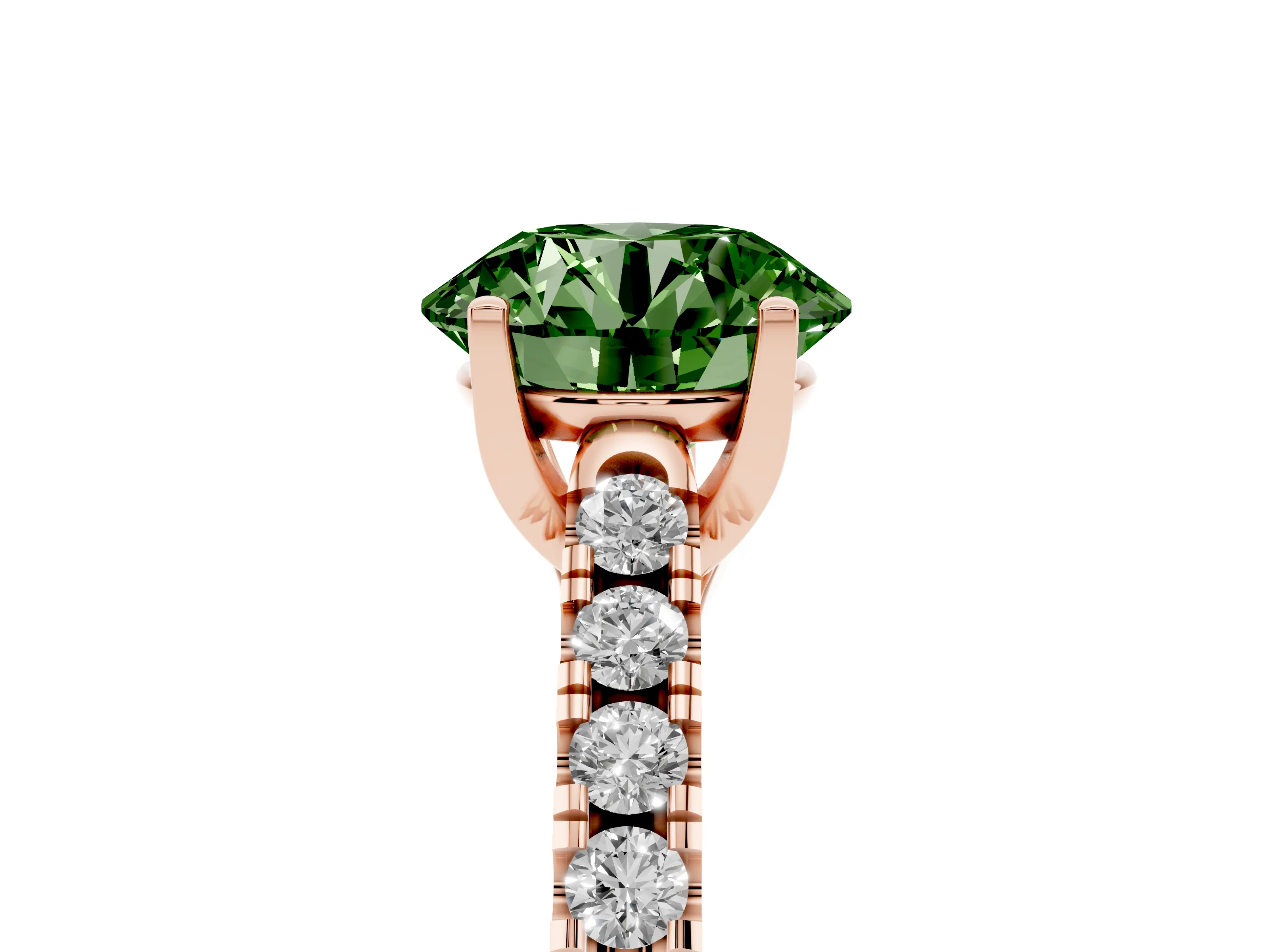 Fancy Green Round Cut Diamond Pavé Band Solitaire Ring Set in Rose gold with Partway Accent Stones and Prong Setting