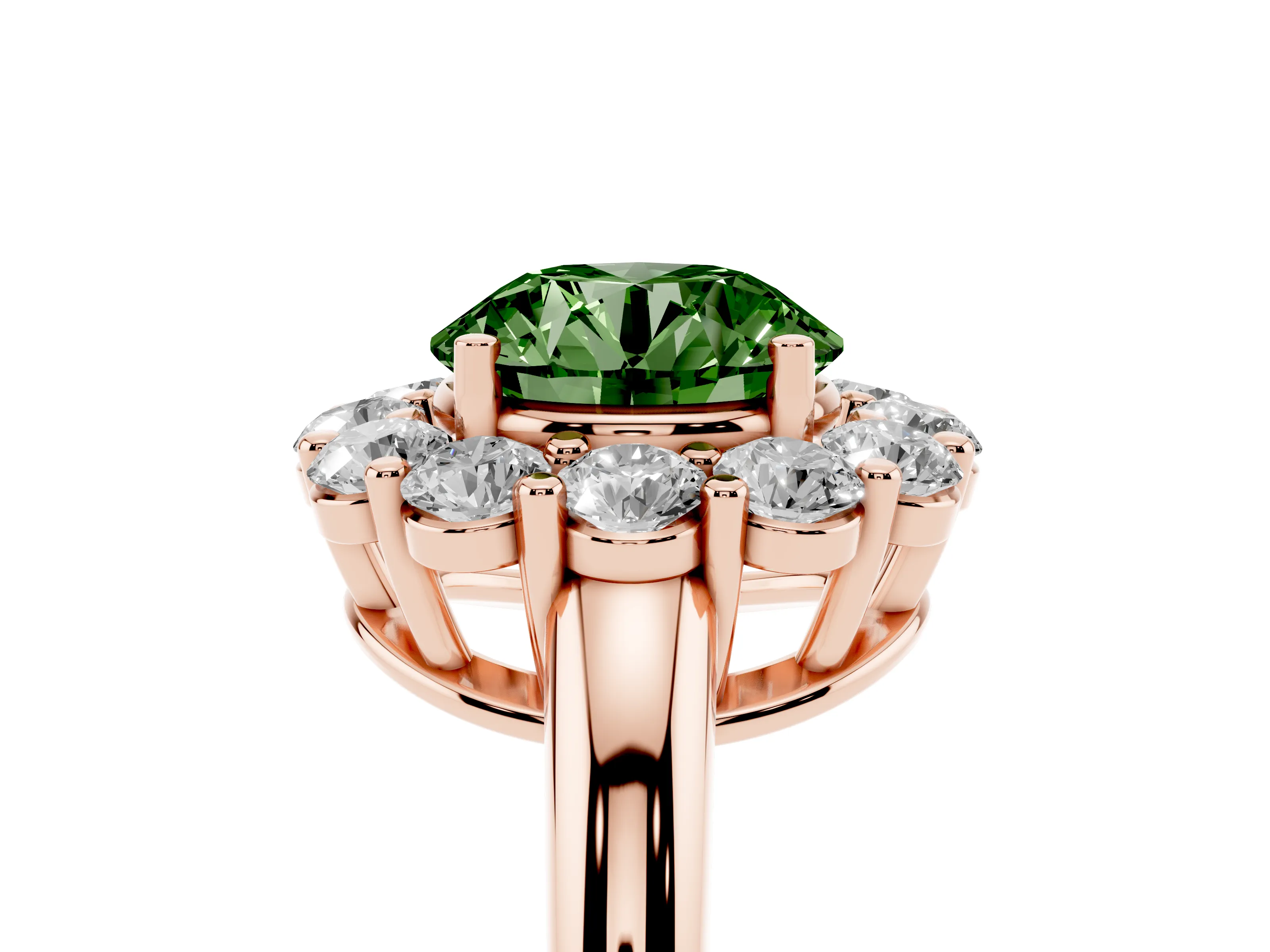 Fancy Green Round Cut Diamond Halo Cluster Engagement Ring Set in Rose gold with Polished Band and Prong Setting