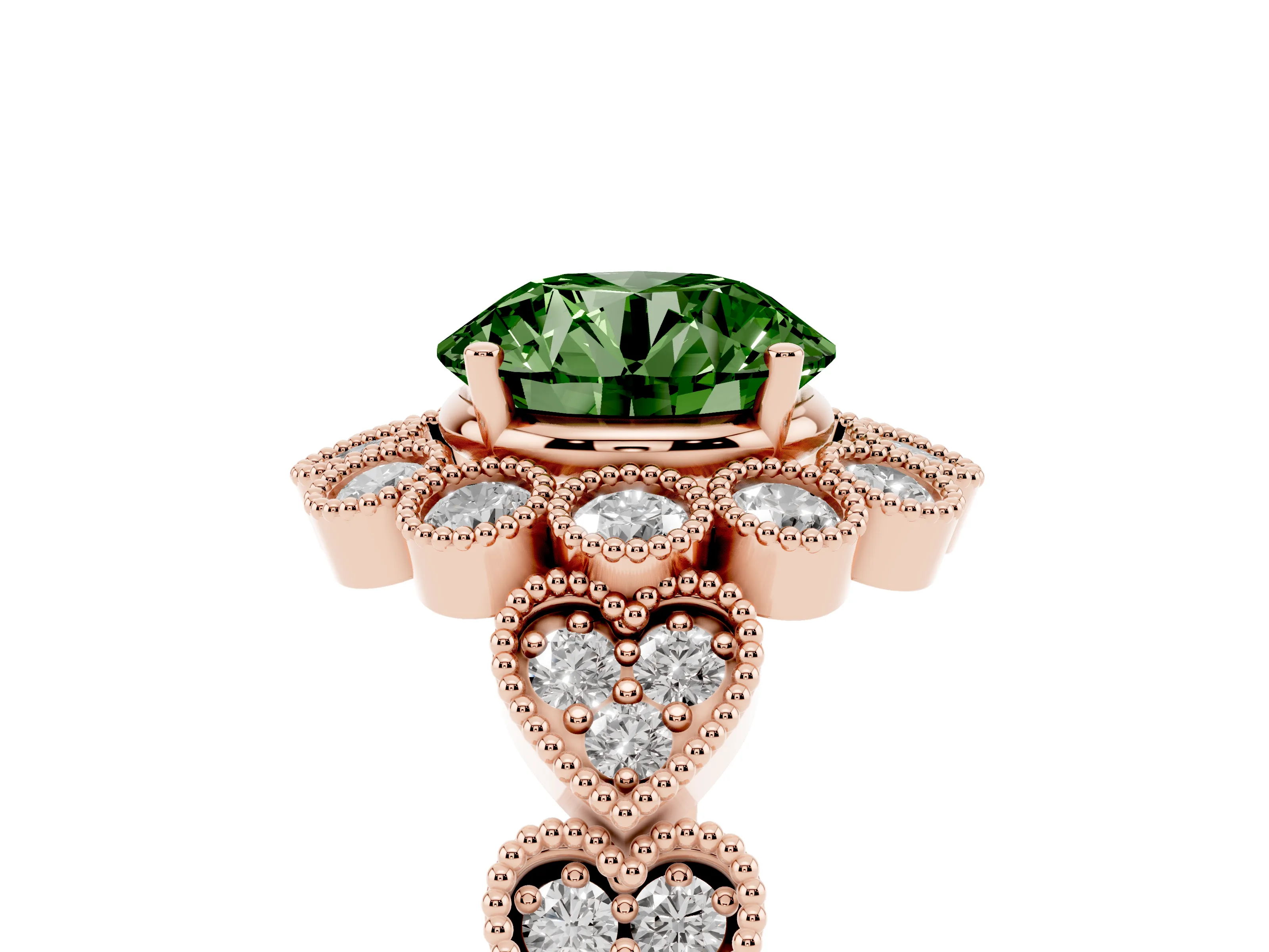 Fancy Green Round Cut Diamond Solitaire Ring Set in Rose gold with Milgrain Pavé Heart Band