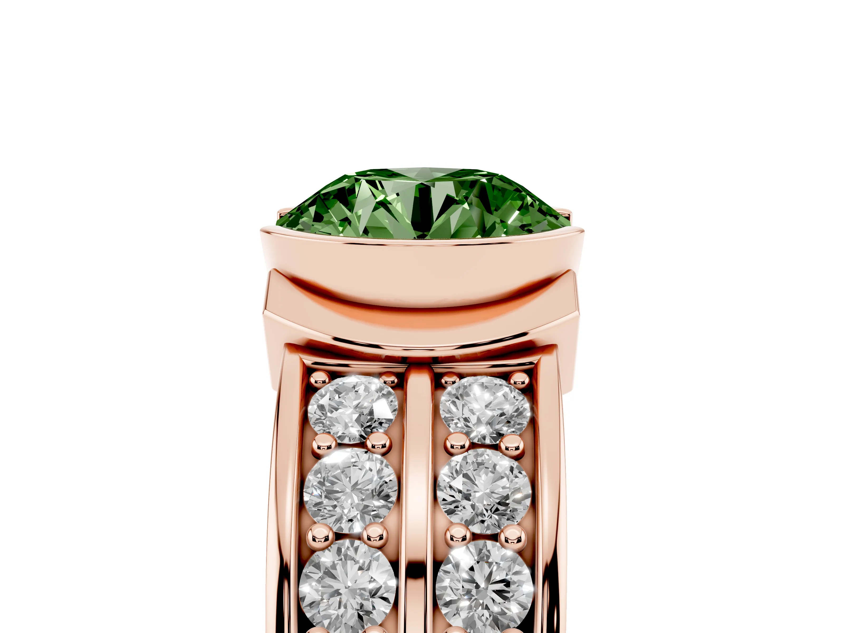 Fancy Green Round Cut Diamond Wide Channel Set Band Ring Set in Rose gold with Bezel Setting