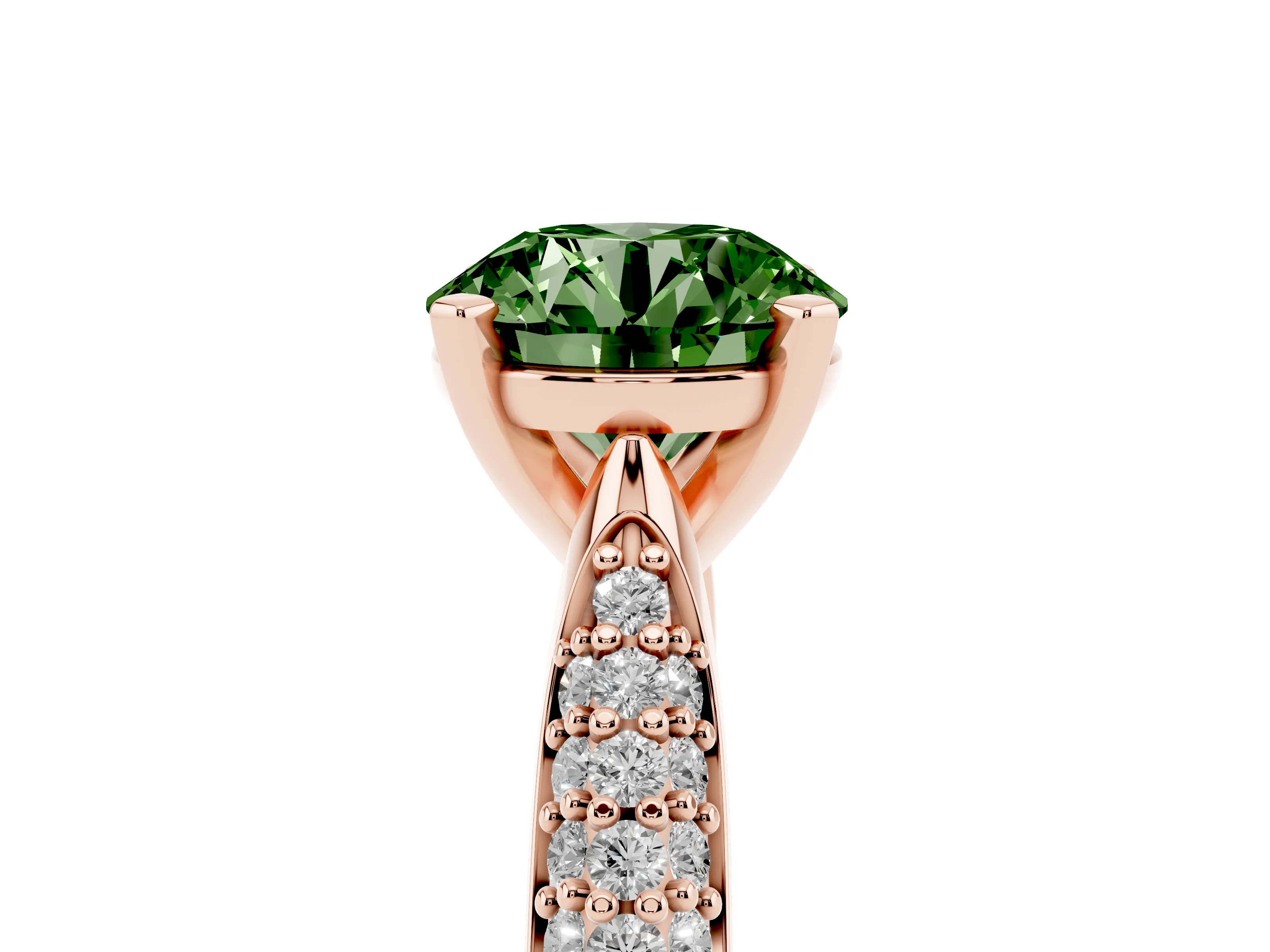 Fancy Green Round Cut Diamond Solitaire Engagement Ring Set in Rose gold with Multi-Row Round Pavé Band and Prong Setting