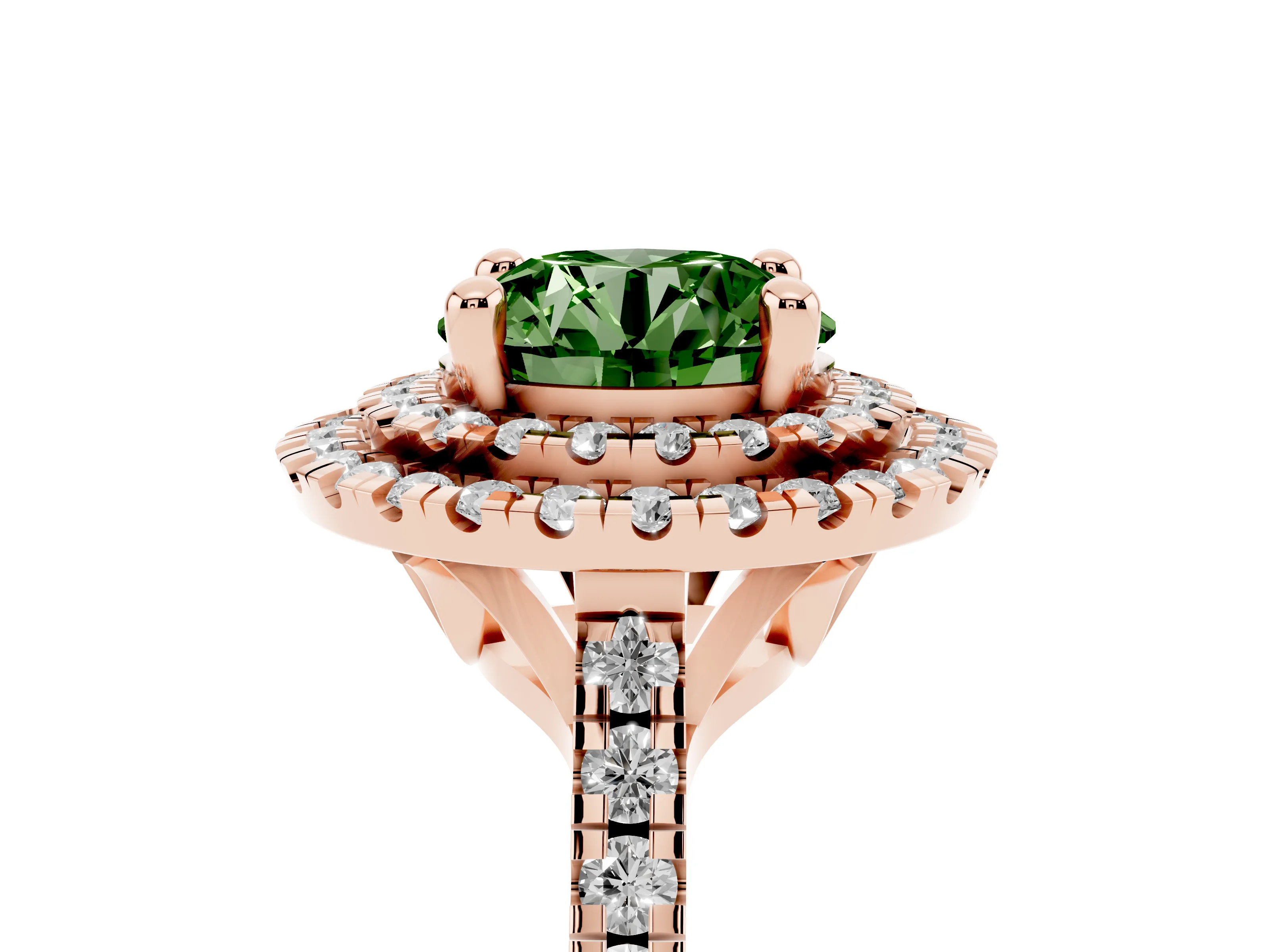 Fancy Green Round Cut Diamond Double Halo Statement Ring Set in Rose gold with Pavé Band