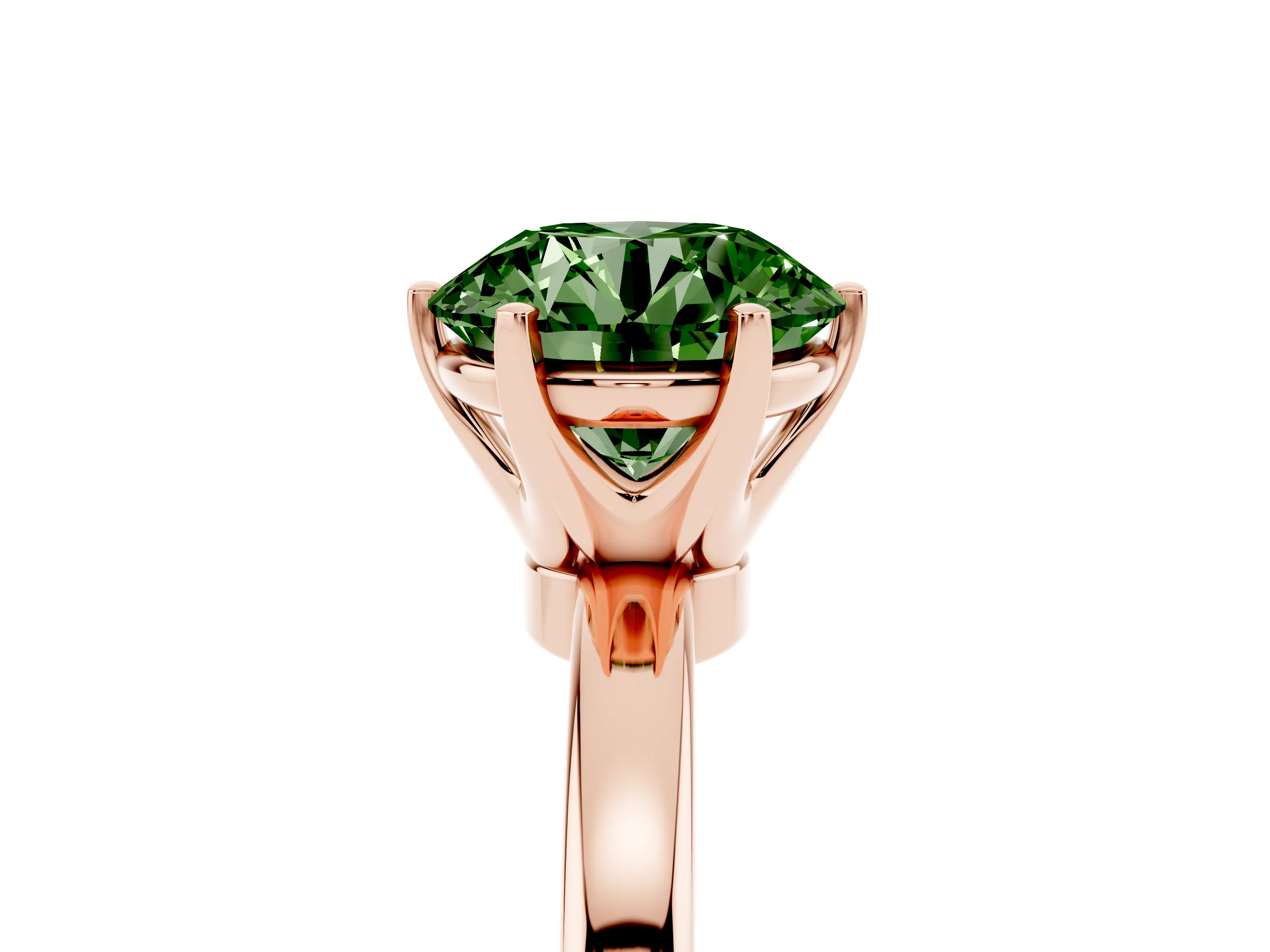 Fancy Green Round Cut Diamond Solitaire Ring Set in Rose gold with Raised Prong Setting on a Classic Band