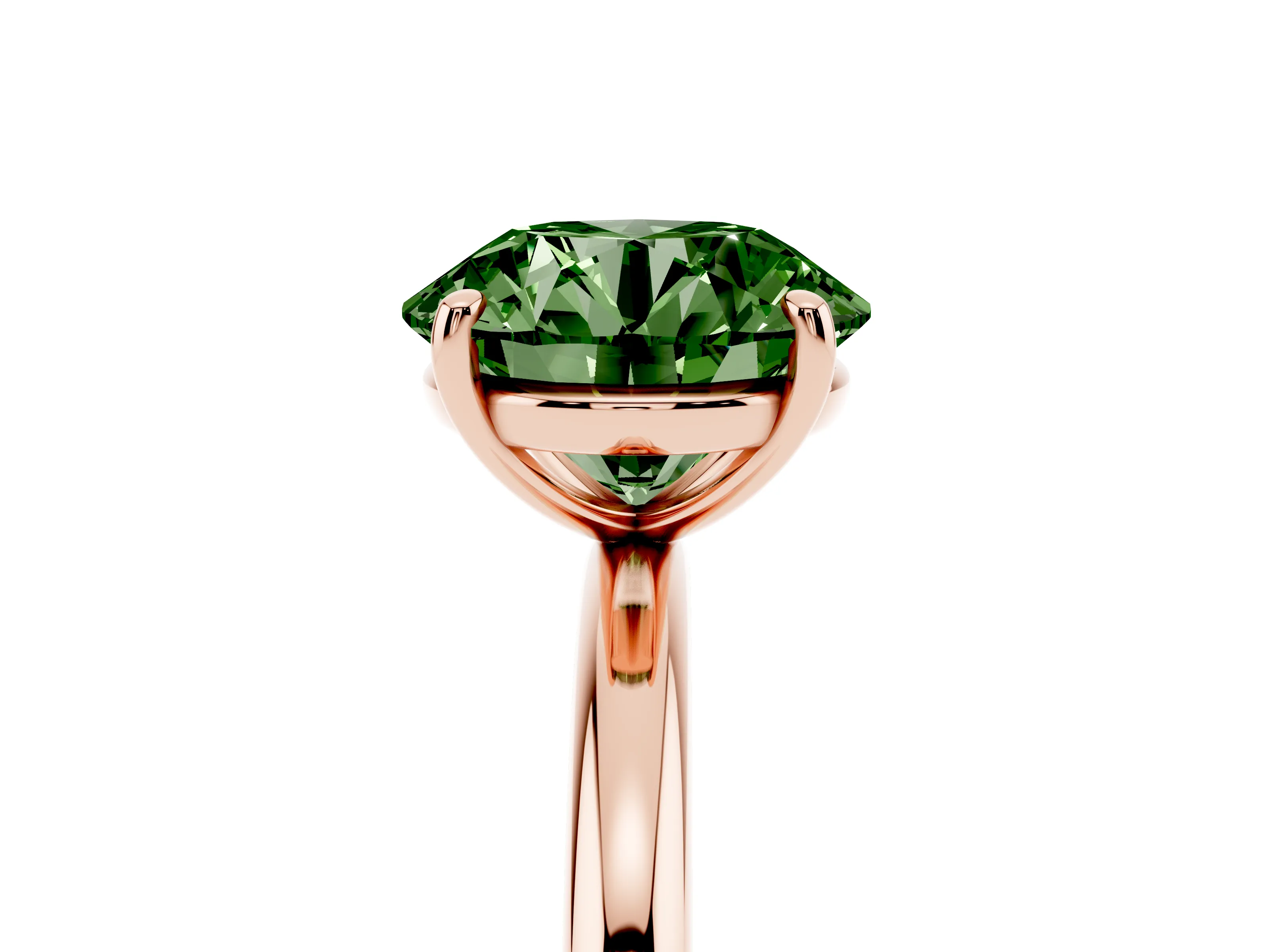 Fancy Green Round Cut Diamond Solitaire Ring Set in Rose gold with Prong Setting on a Polished Plain Band