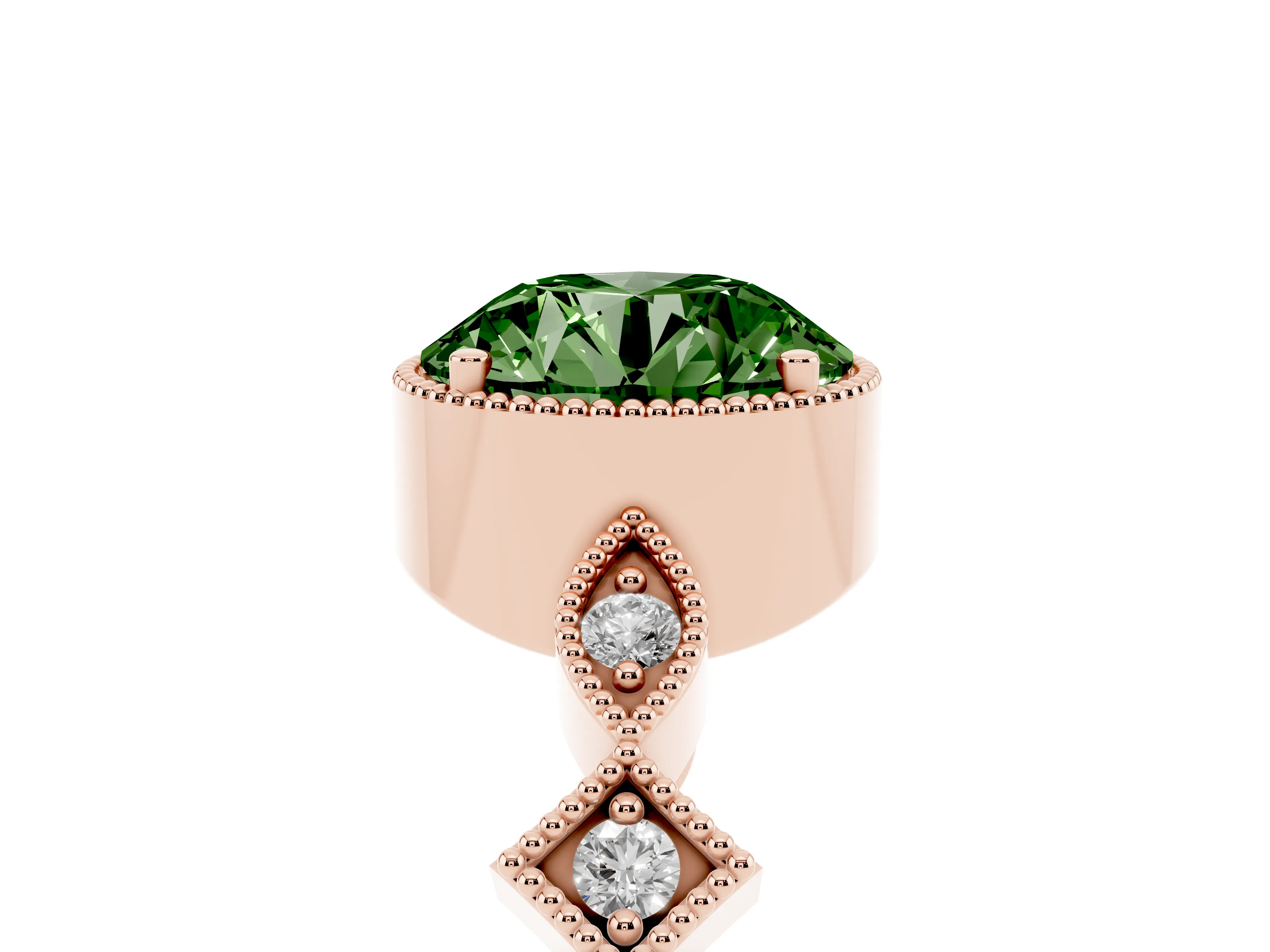 Fancy Green Round Cut Diamond Milgrain Marquise Twist Band Ring Set in Rose gold with Prong Setting