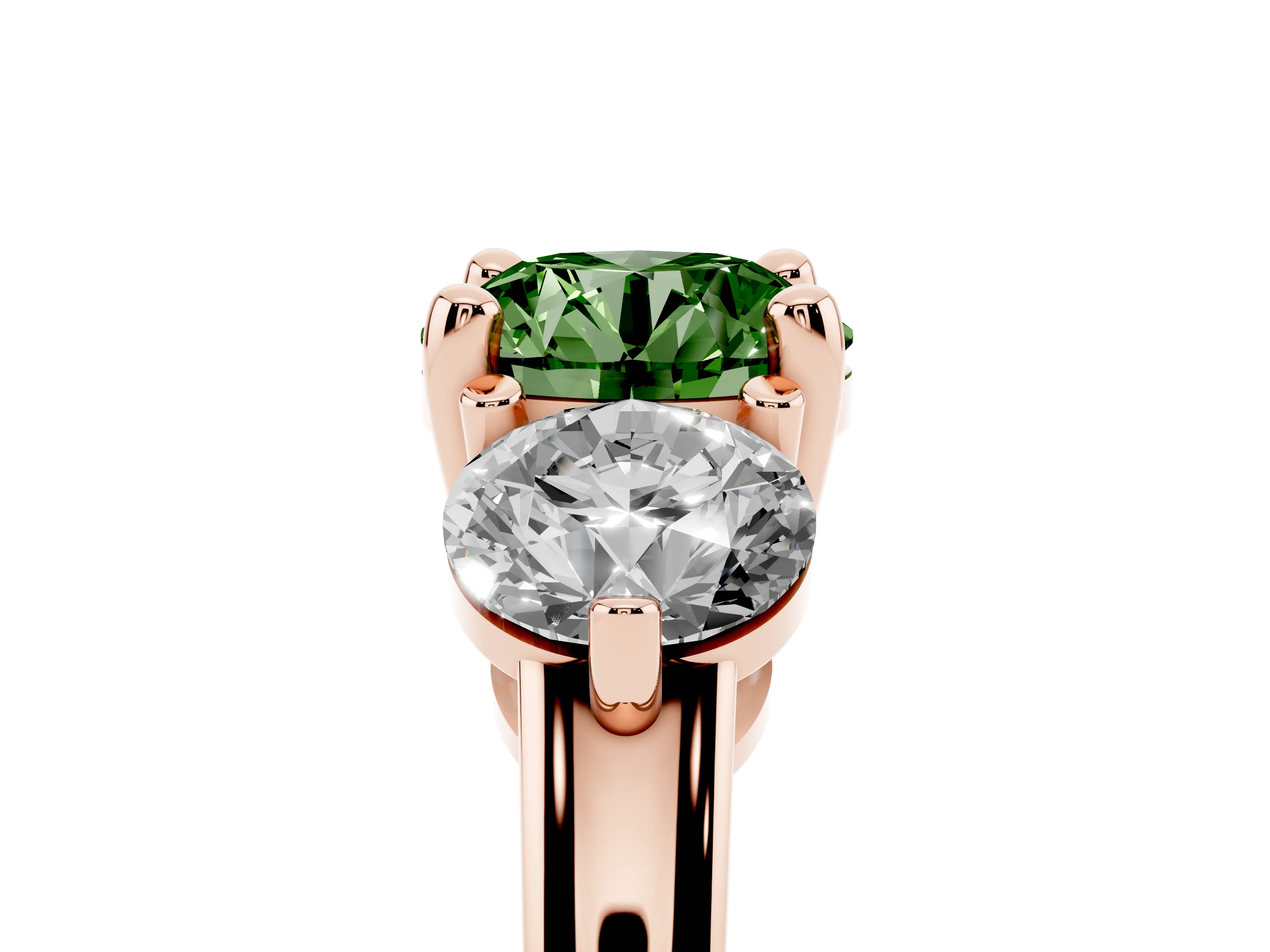 Fancy Green Round Cut Diamond Three-Stone Ring Set in Rose gold with Prong Setting and Classic Band