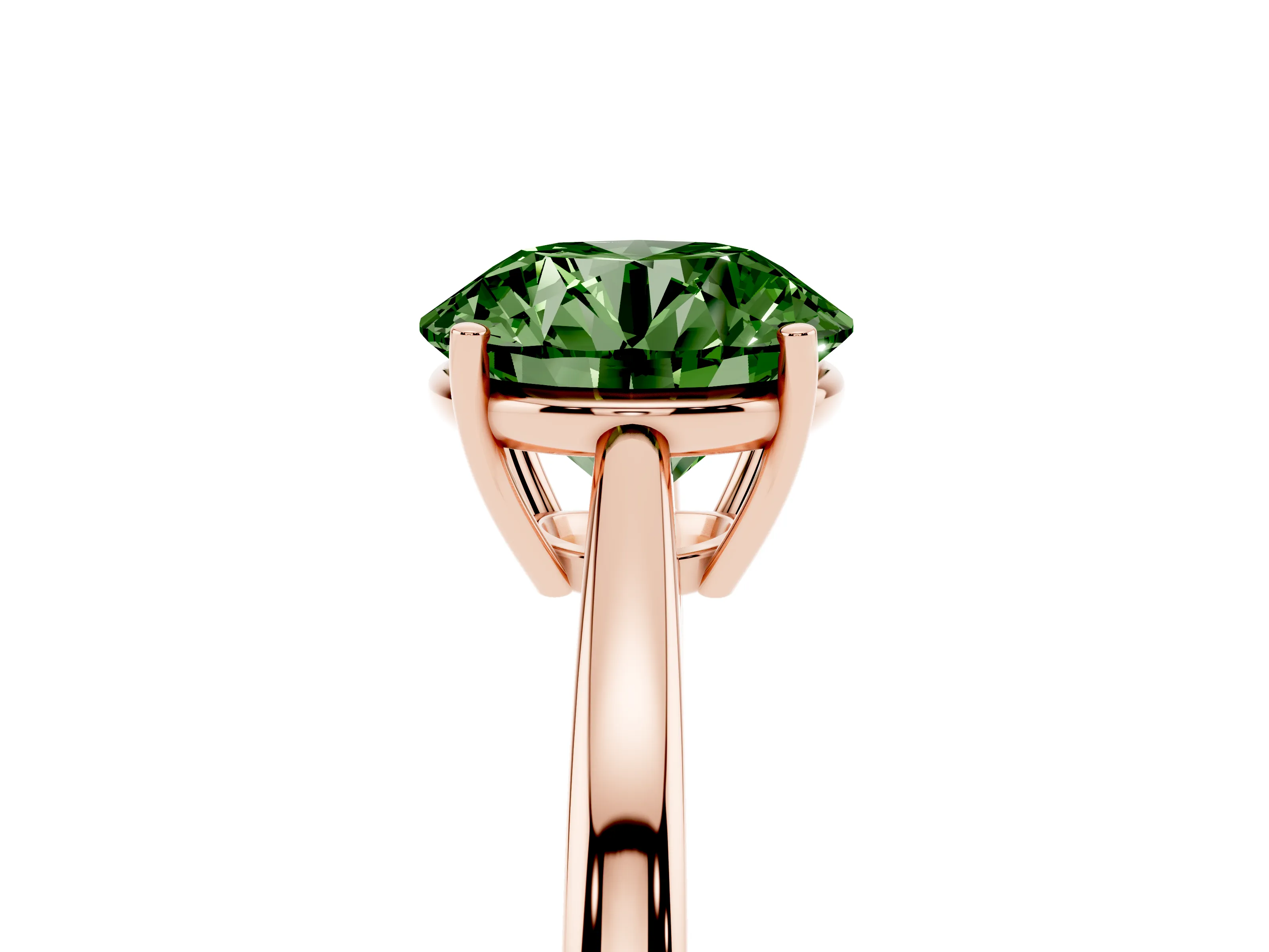 Fancy Green Round Cut Diamond Solitaire Ring Set in Rose gold with Split Shank and Prong Setting