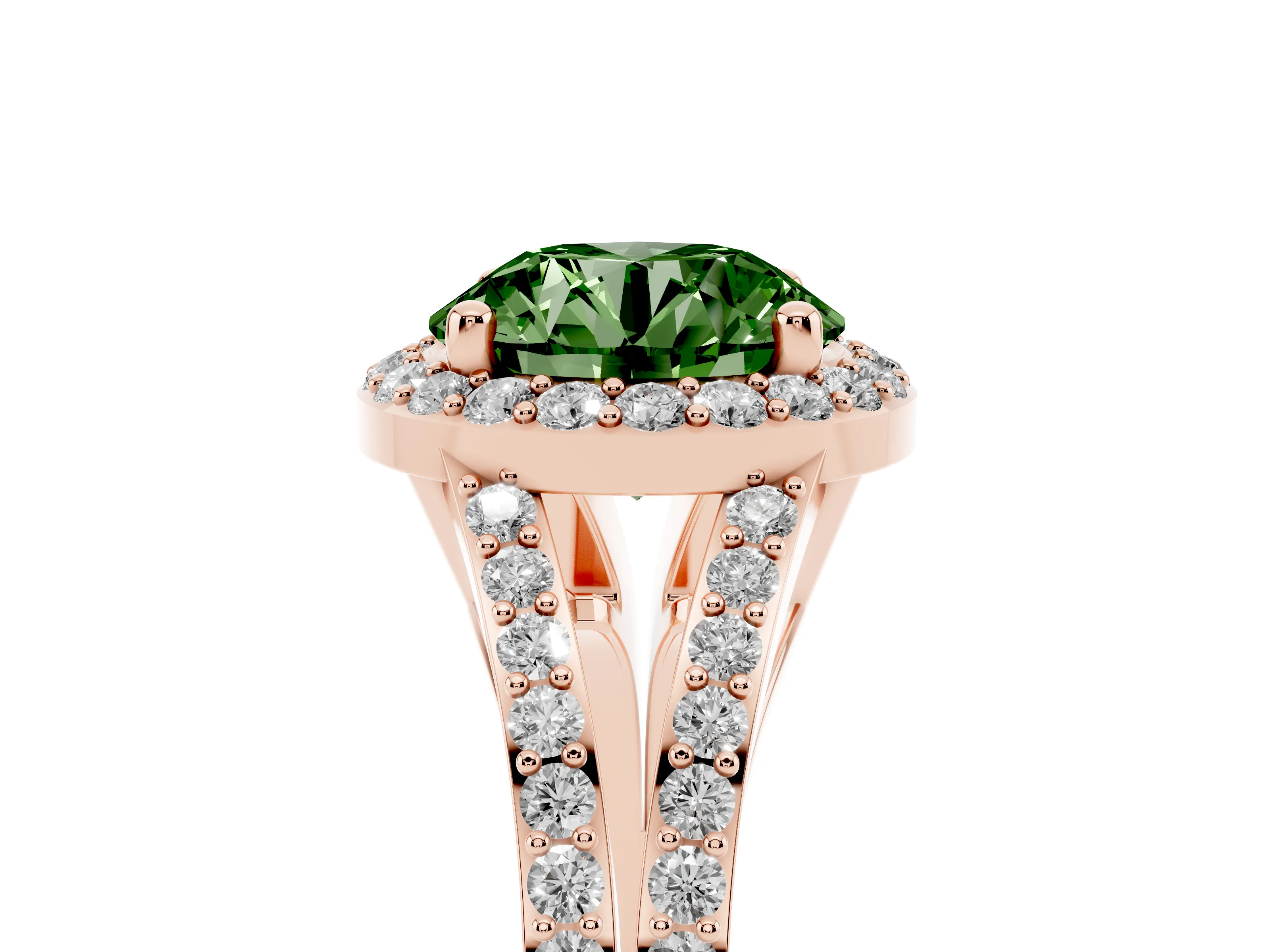 Fancy Green Round Cut Diamond Halo Split Shank Pavé Ring Set in Rose gold with Prong Setting