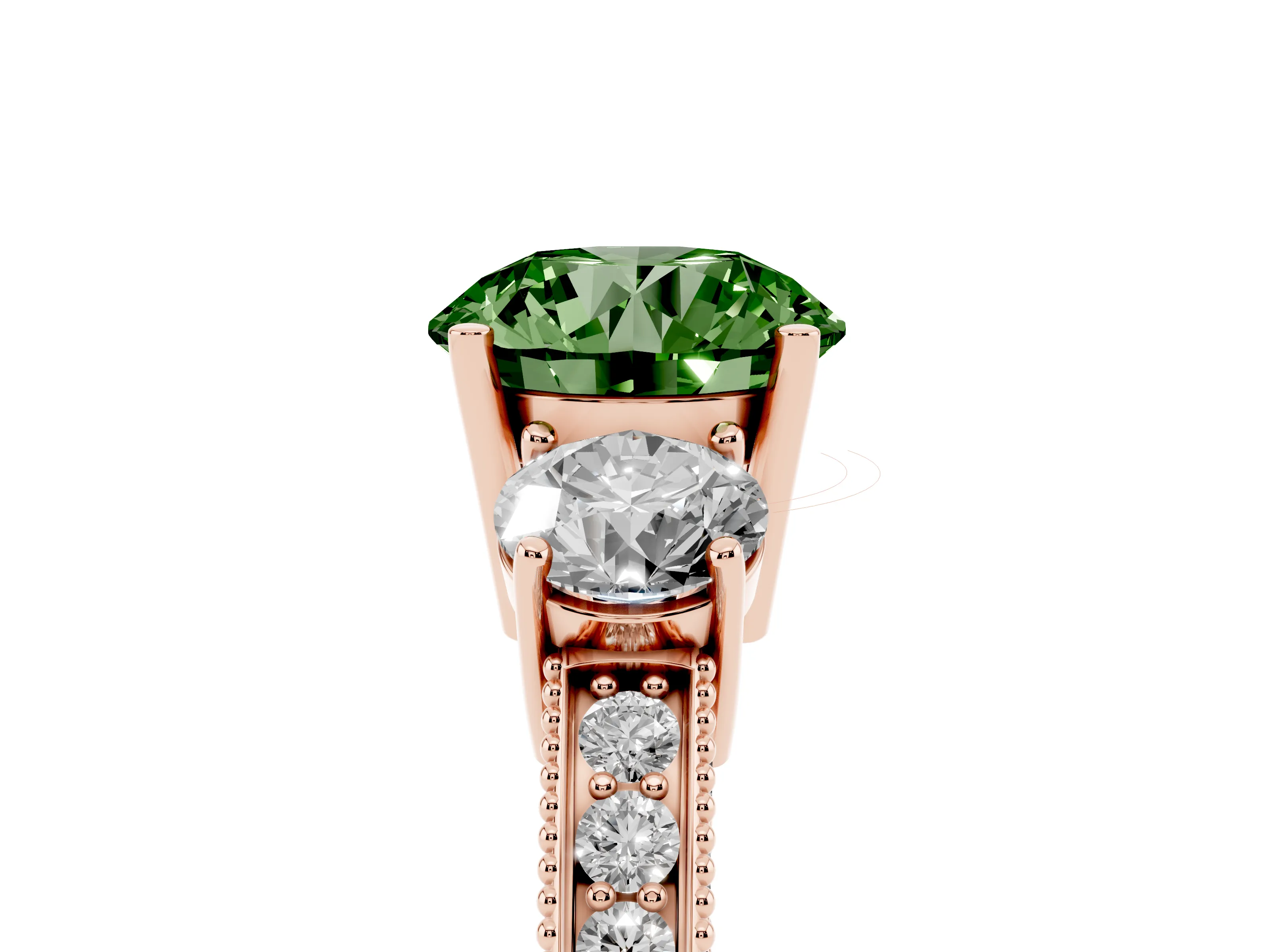 Fancy Green Round Cut Diamond Three-Stone Ring Set in Rose gold with Round Side Stones and Pavé Band