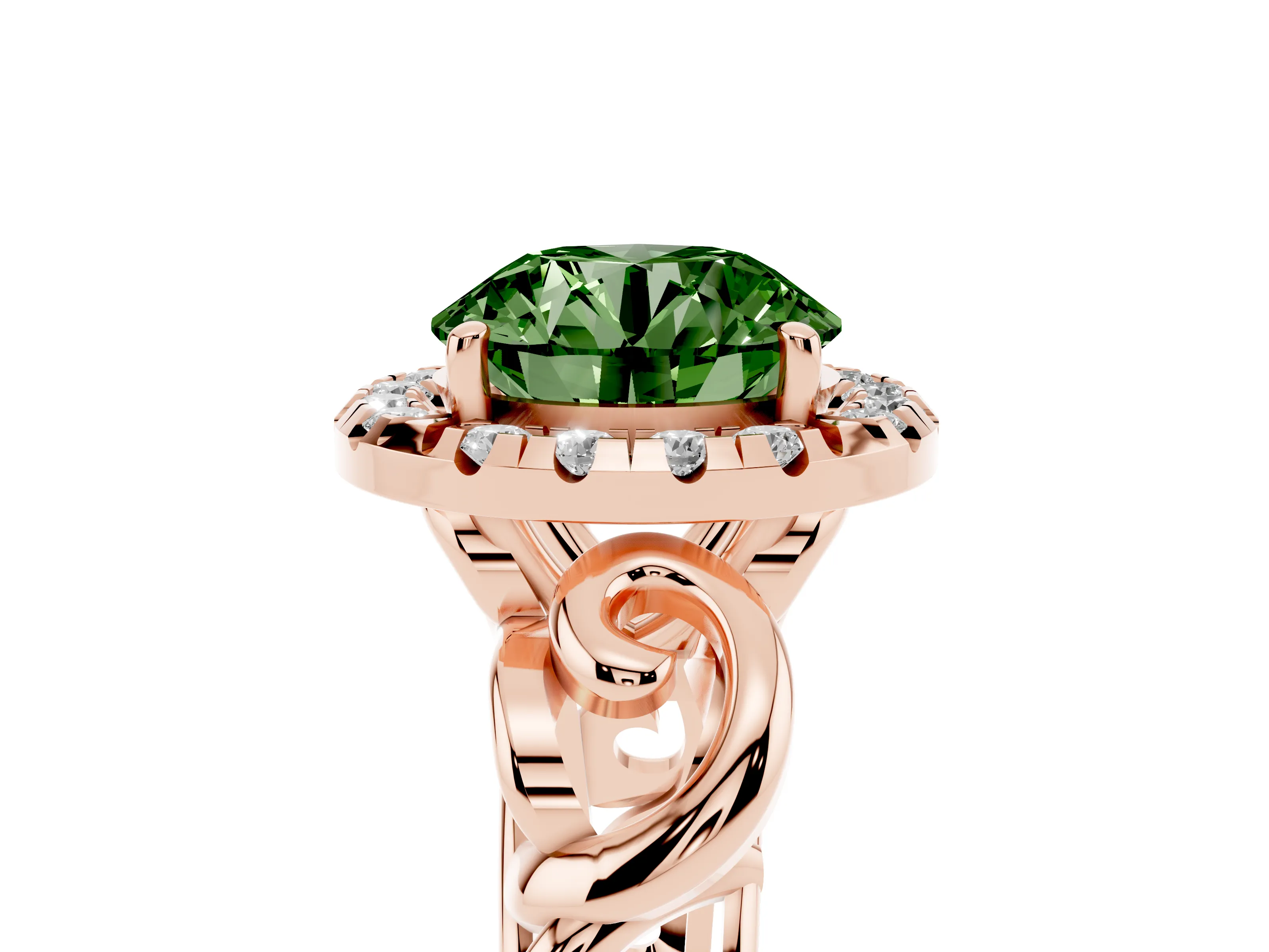 Fancy Green Round Cut Diamond Halo Ring Set in Rose gold with Scrollwork Band and Prong Setting