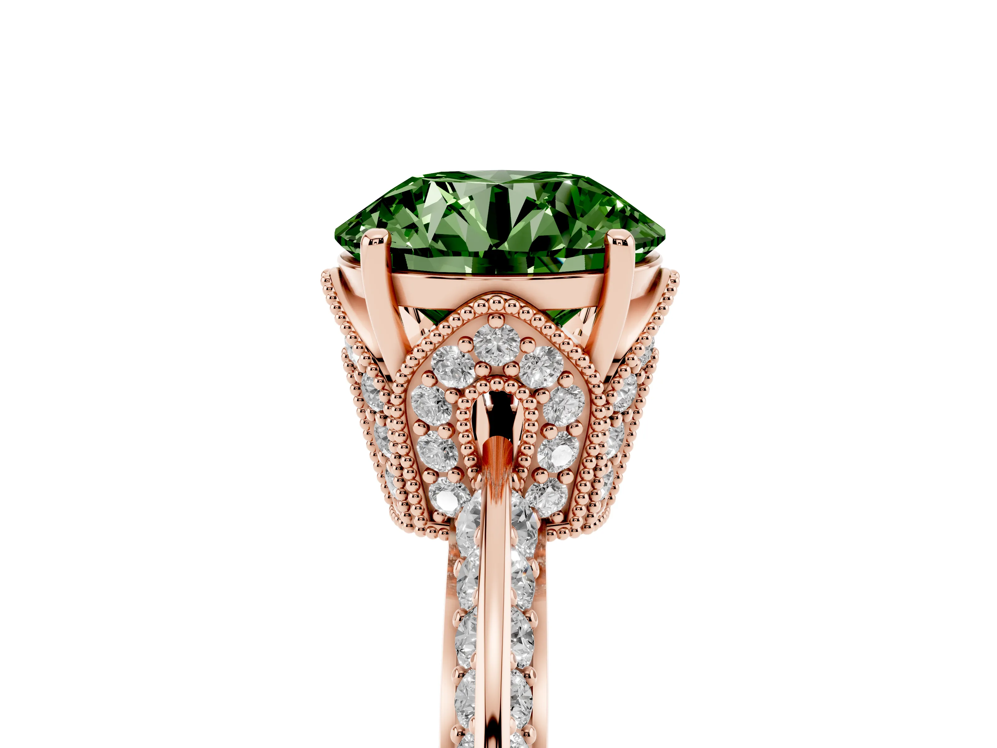 Fancy Green Round Cut Diamond Solitaire Engagement Ring Set in Rose gold with Pavé Split Shank and Prong Setting