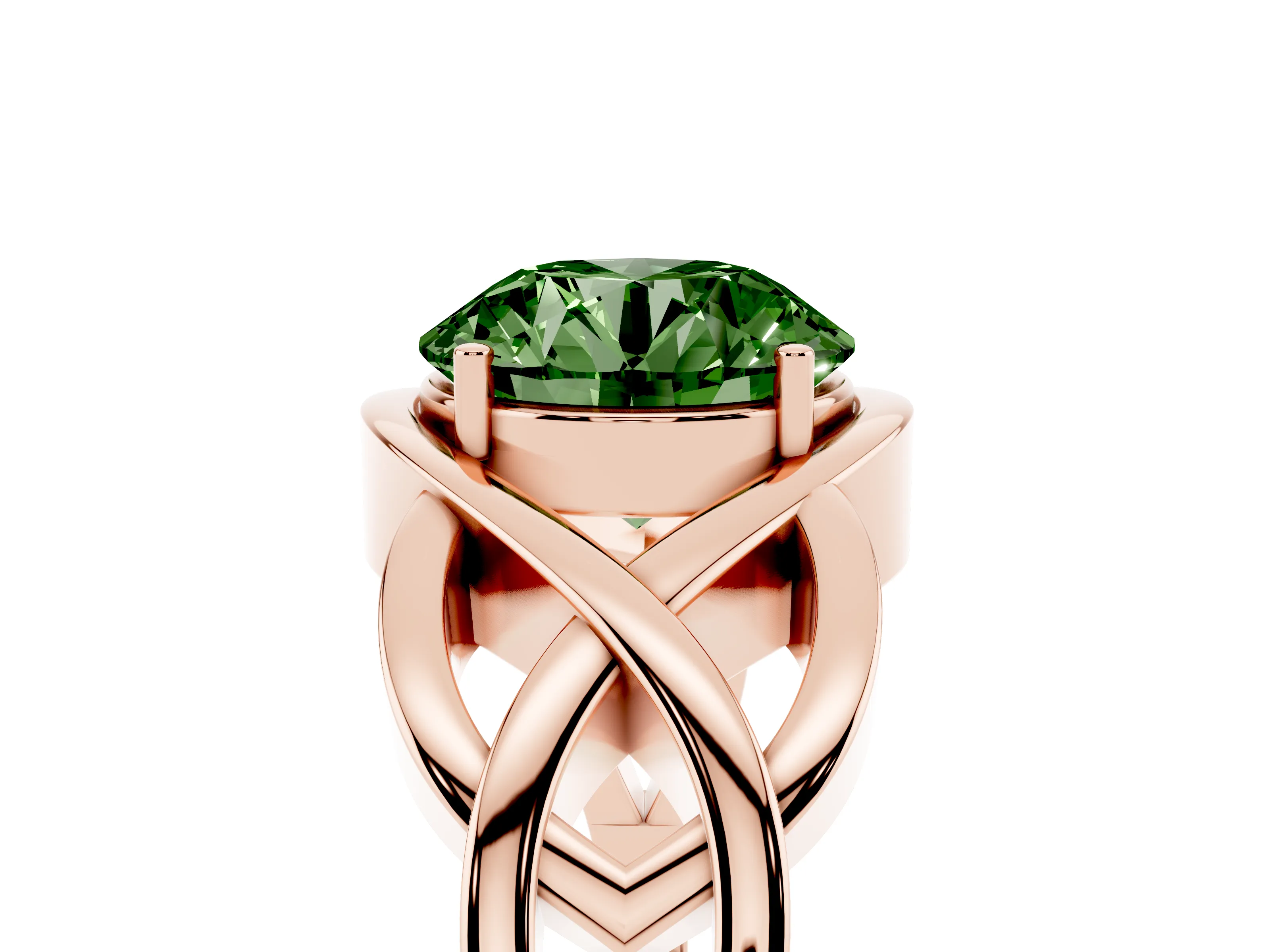 Fancy Green Round Cut Diamond Solitaire Ring Set in Rose gold with Intertwined Band