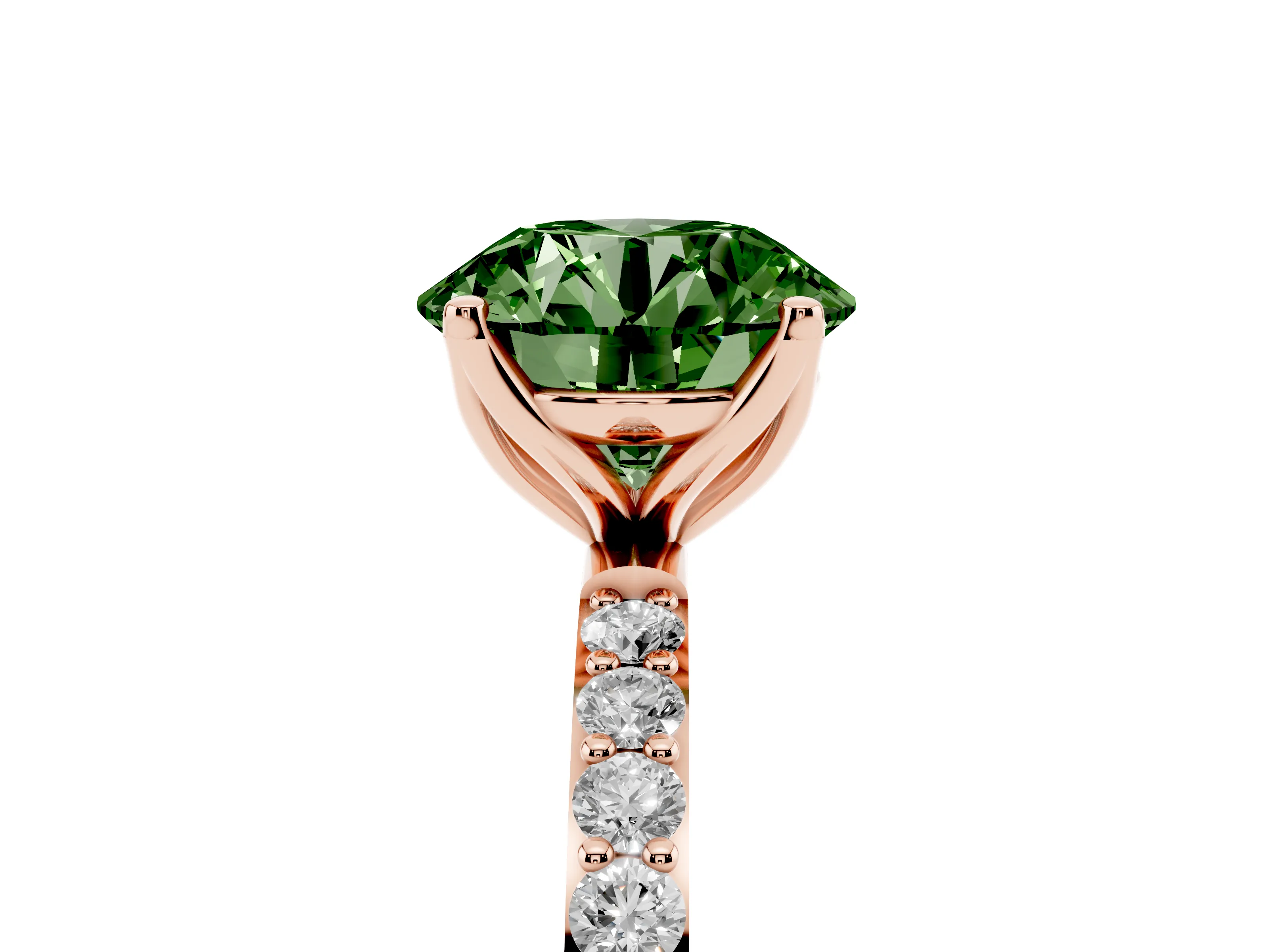 Fancy Green Round Cut Diamond Solitaire Engagement Ring Set in Rose gold with Round Pavé Band and Prong Setting