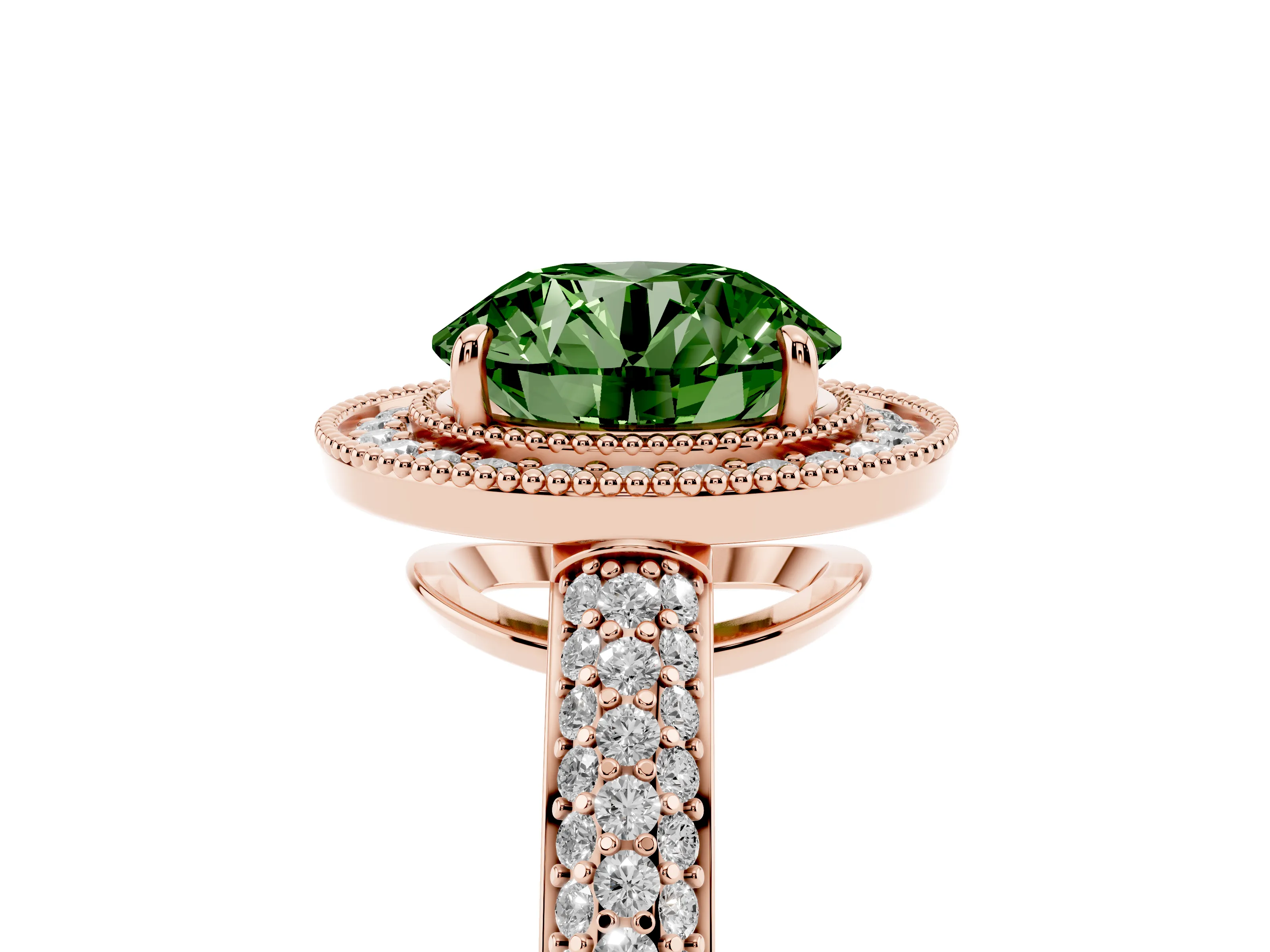 Fancy Green Round Cut Diamond Halo Pavé Band Set in Rose gold with Prong Setting