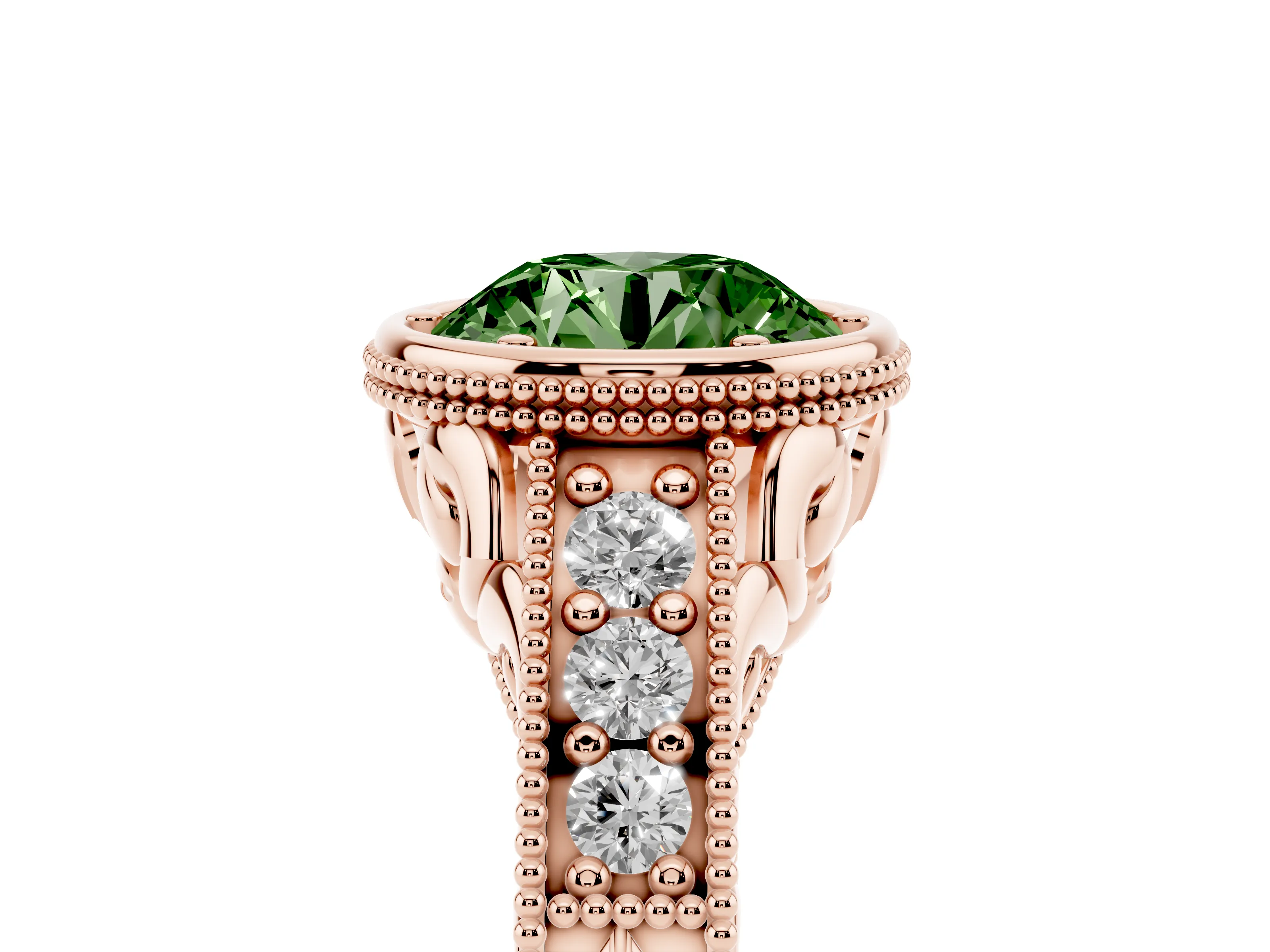 Fancy Green Bezel Set Round Cut Diamond Milgrain Pavé Engagement Ring Set in Rose gold