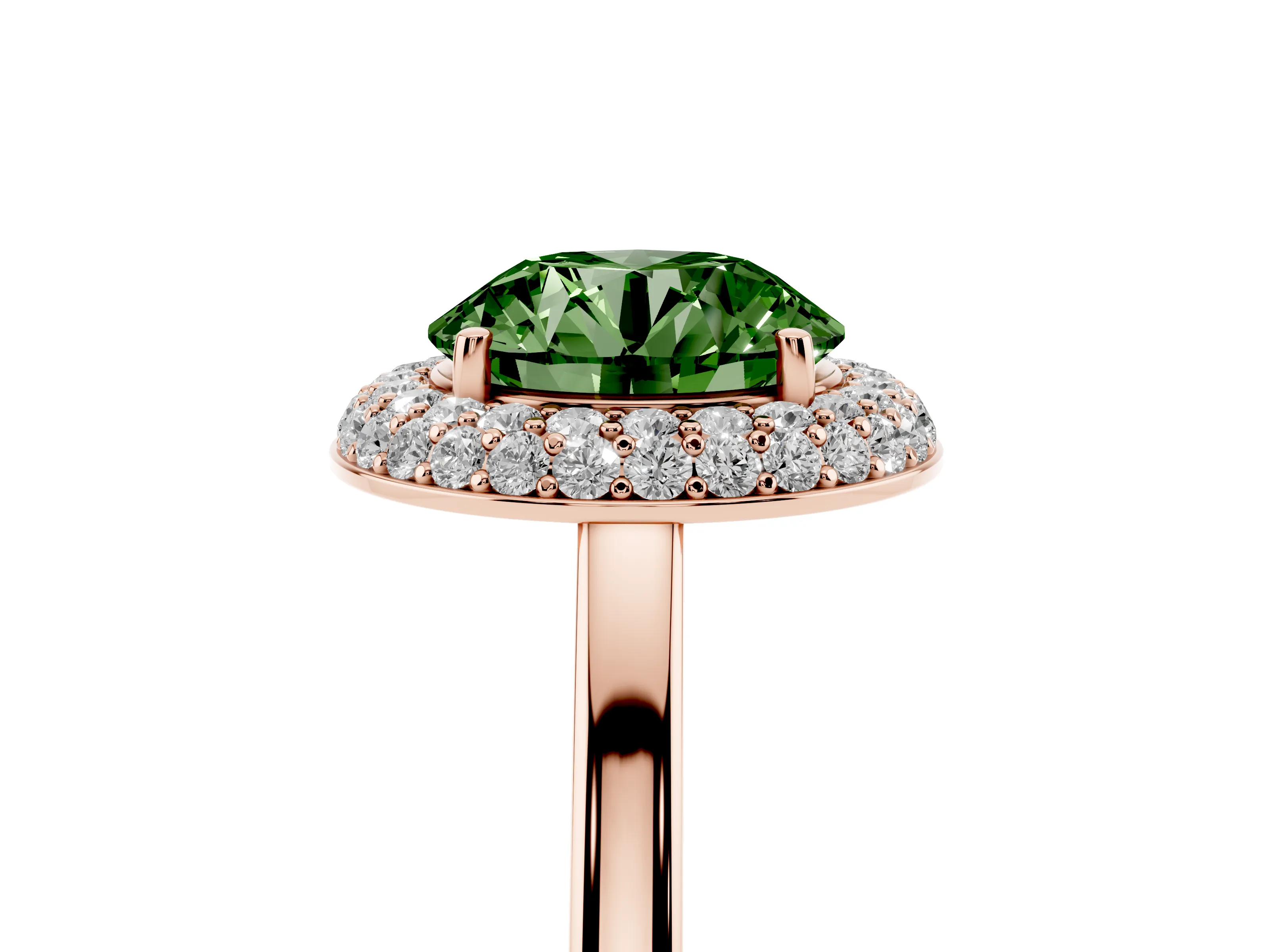 Fancy Green Round Cut Diamond Halo Engagement Ring Set in Rose gold with Solitaire Band and Prong Setting