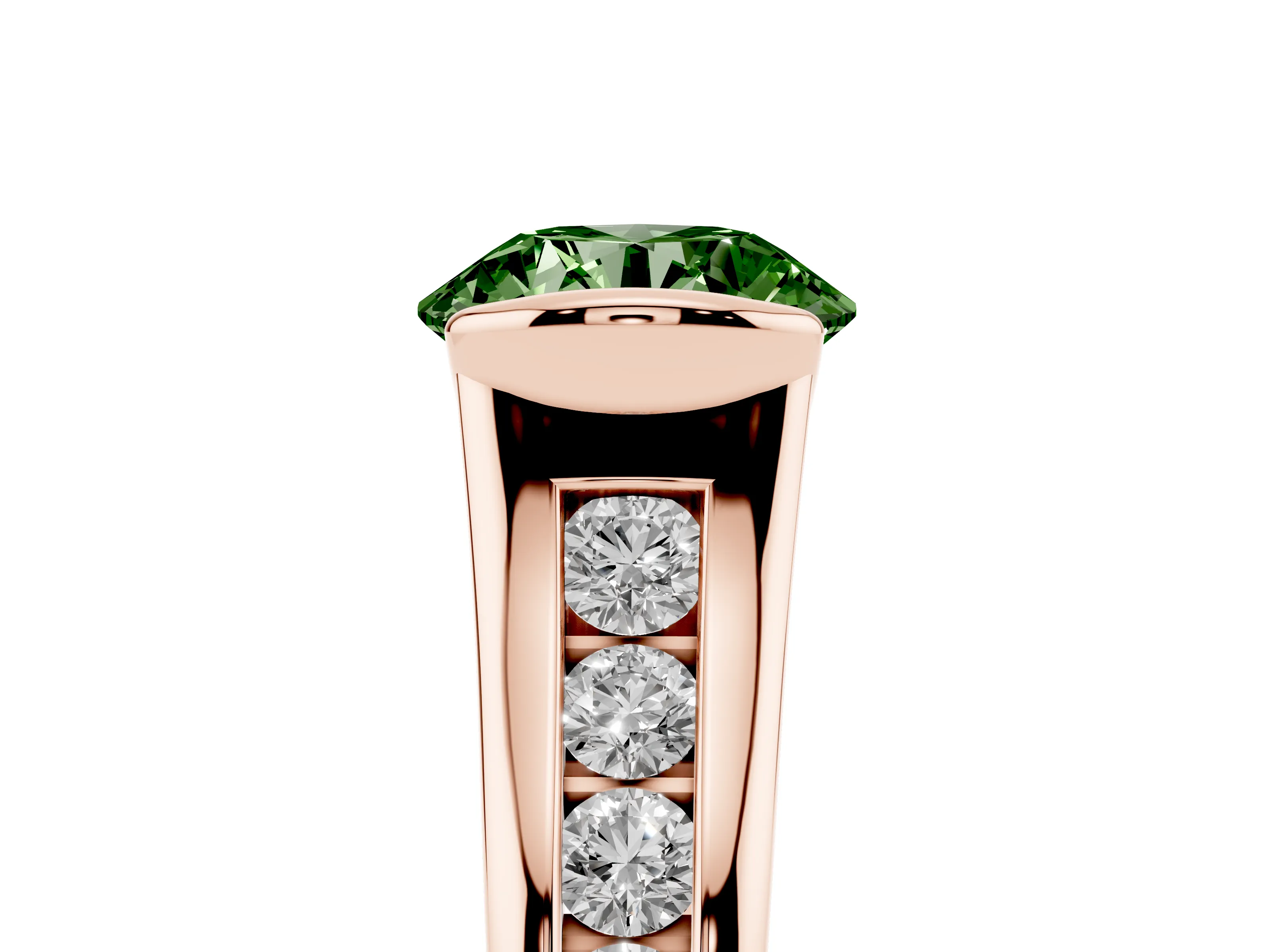 Fancy Green Round Cut Diamond Bezel-Set Solitaire Ring Set in Rose gold with Channel-Set Band