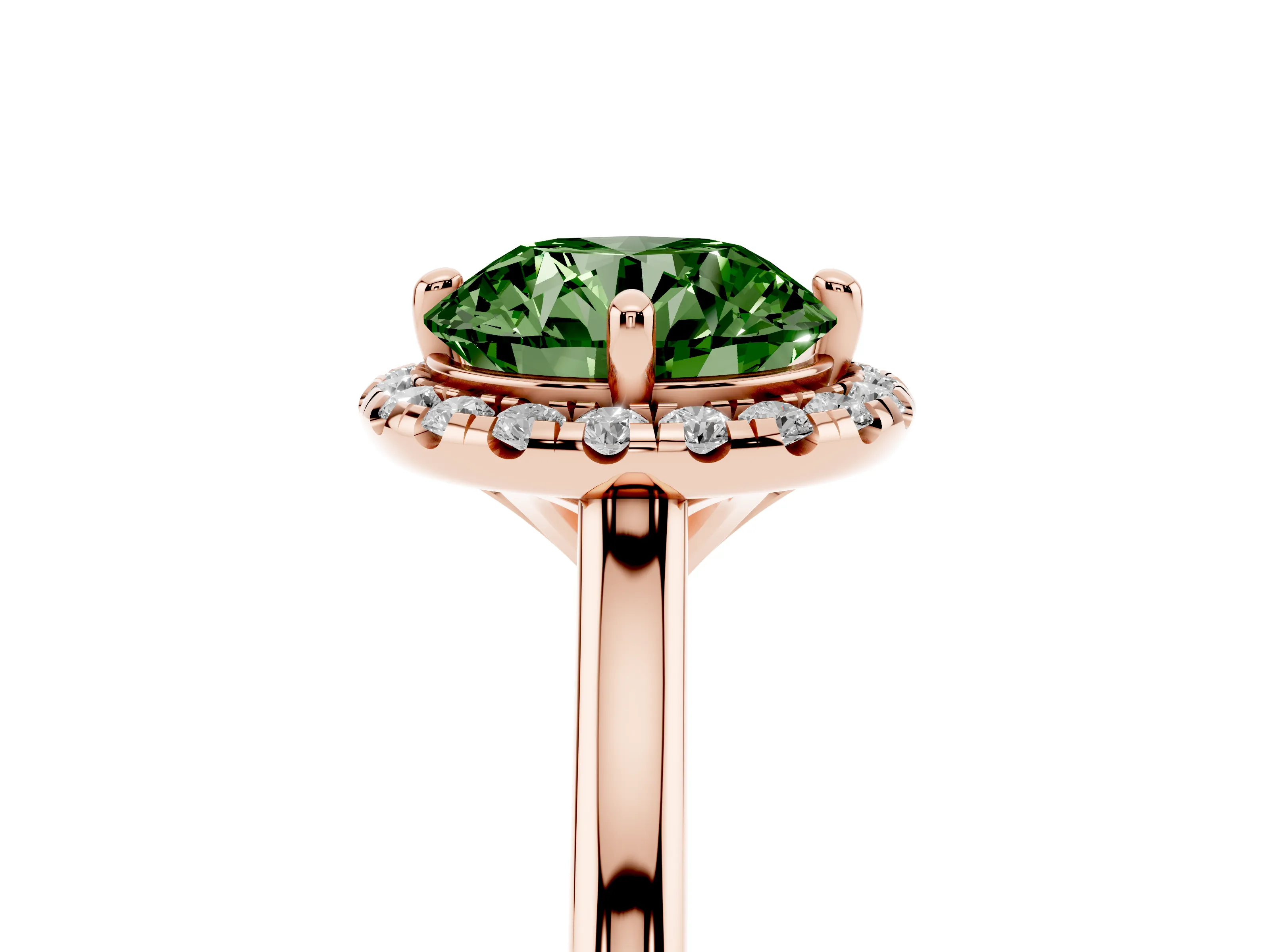 Fancy Green Round Cut Diamond Halo Engagement Ring Set in Rose gold with Pavé Band and Rising Shoulders
