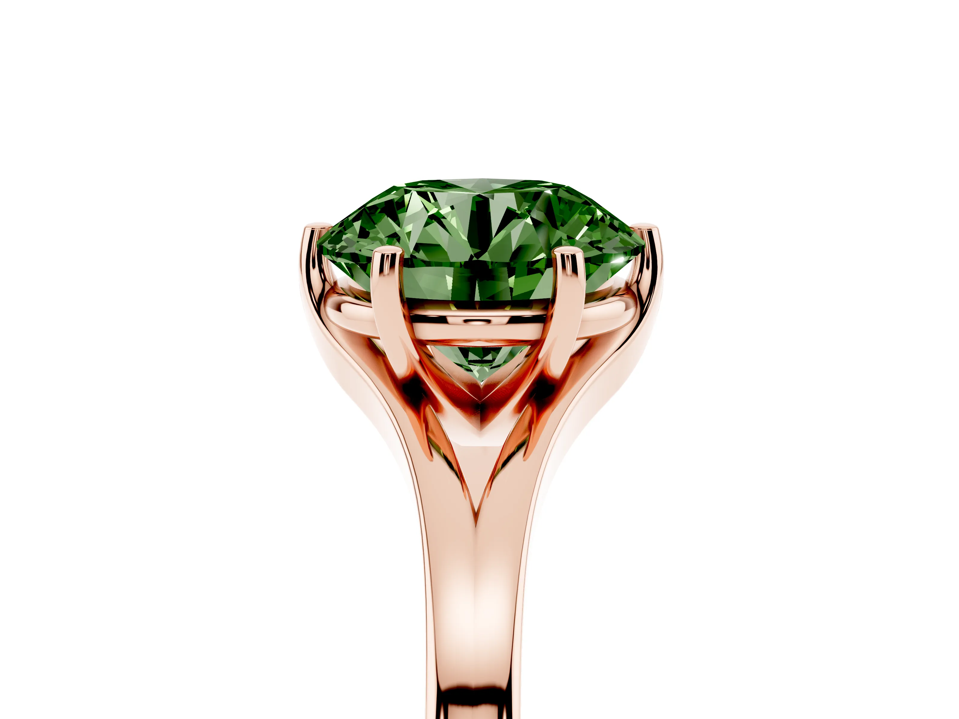 Fancy Green Round Cut Diamond Solitaire Ring Set in Rose gold with Polished Tapered Band and Prong Setting