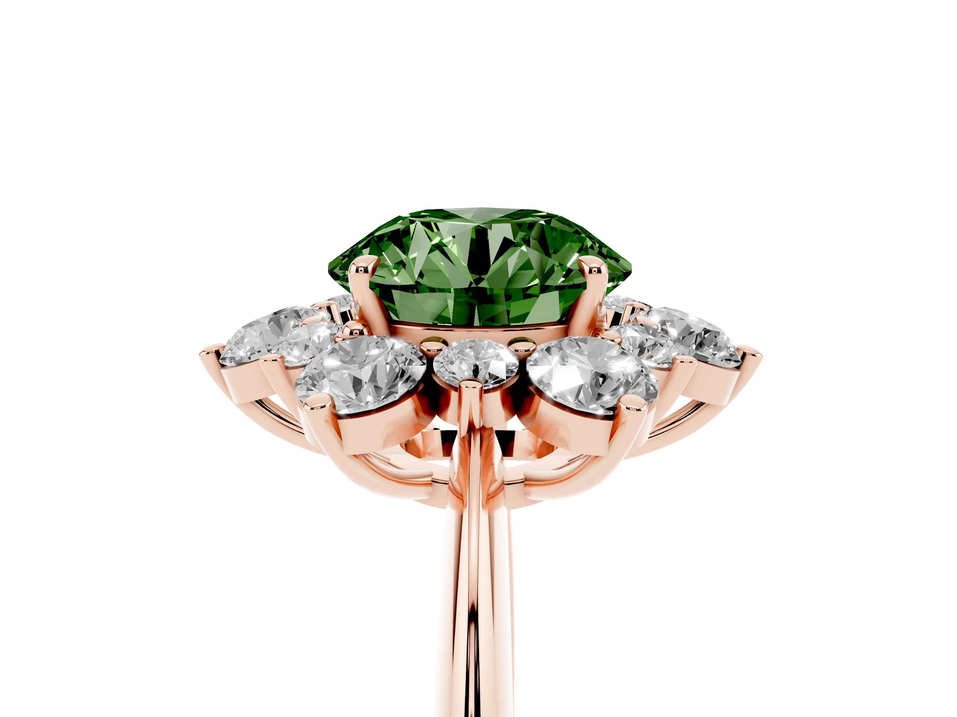 Fancy Green Round Cut Diamond Cluster Halo Ring Set in Rose gold with Solitaire Band and Prong Setting