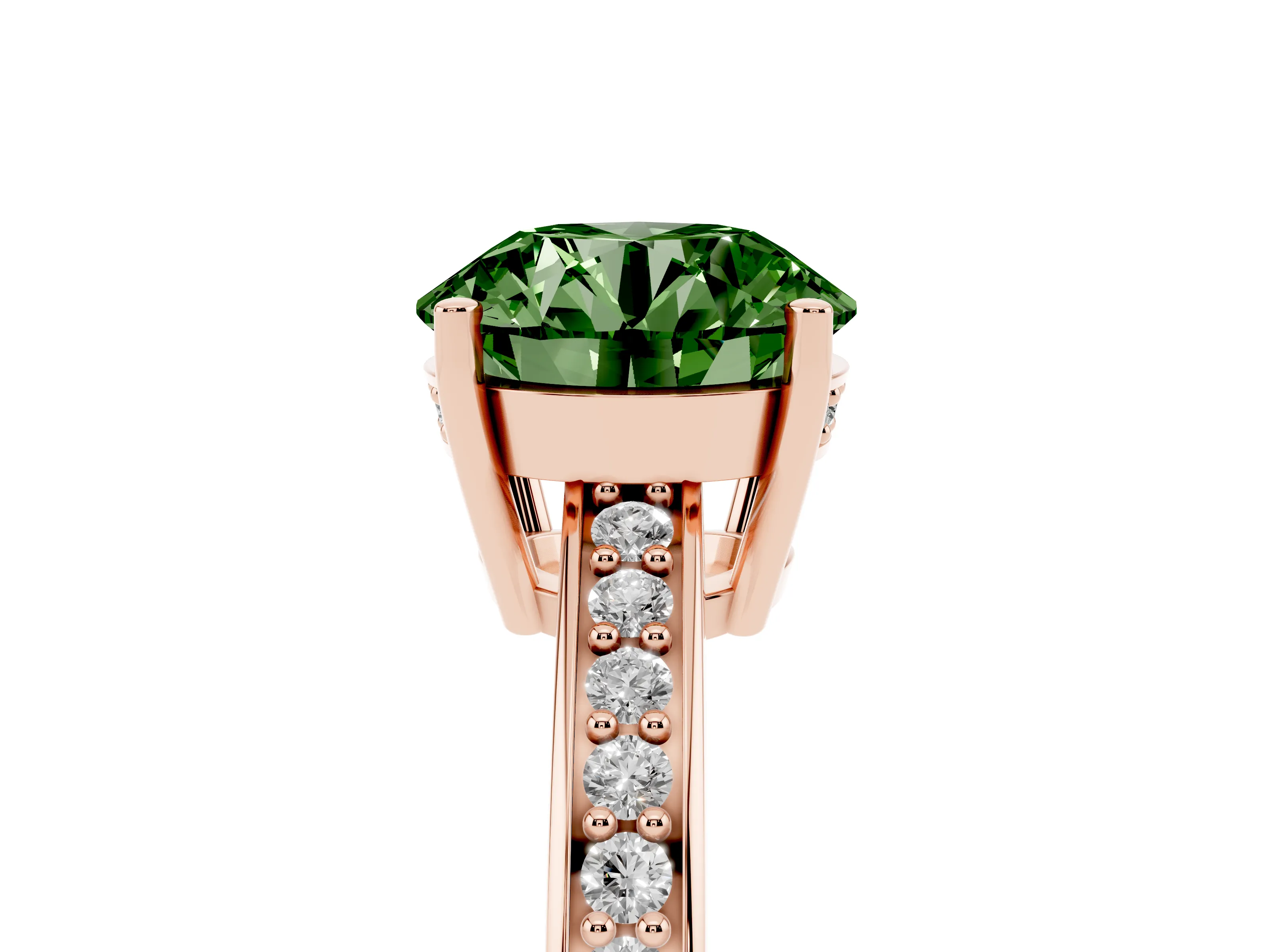 Fancy Green Round Cut Diamond Pavé Band Prong Set Solitaire Ring Set in Rose gold