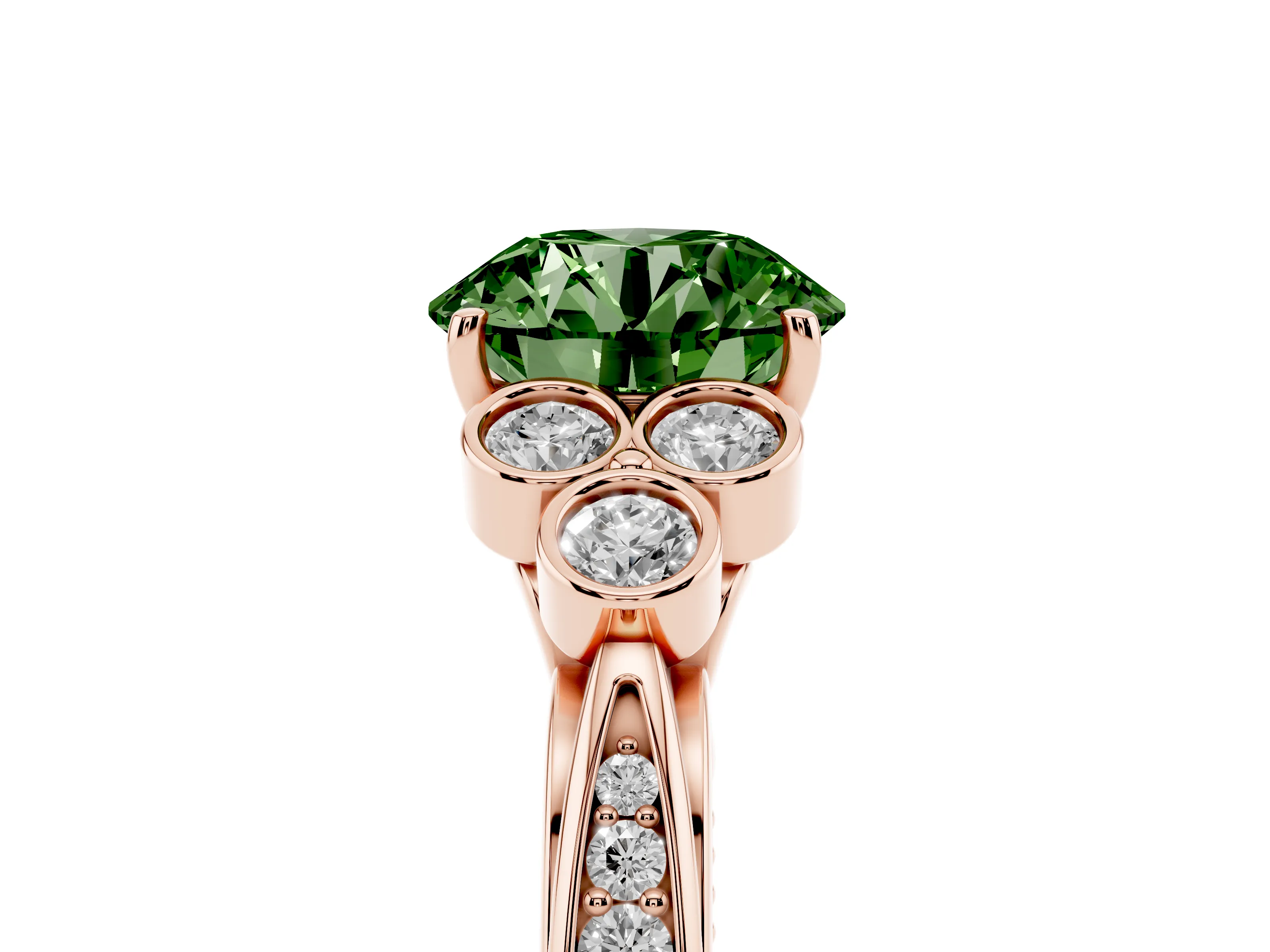 Fancy Green Round Cut Diamond Engagement Ring Set in Rose gold with Bezel Set Round Side Stones and Prong Setting