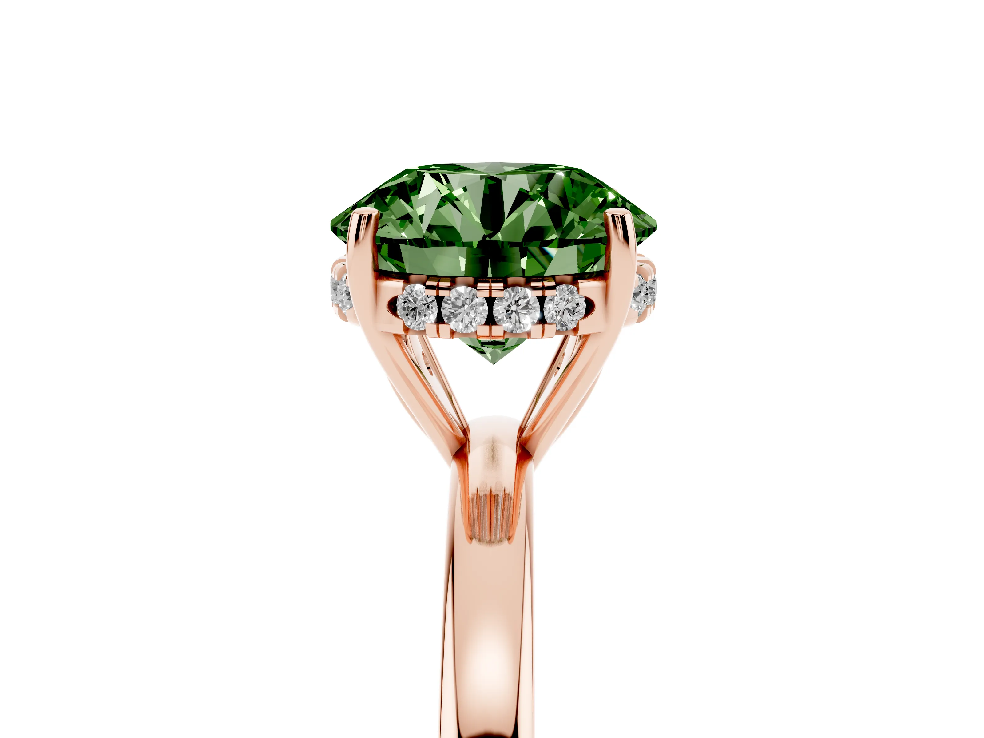 Fancy Green Round Cut Diamond Solitaire Ring Set in Rose gold with Plain Band and Prong Setting