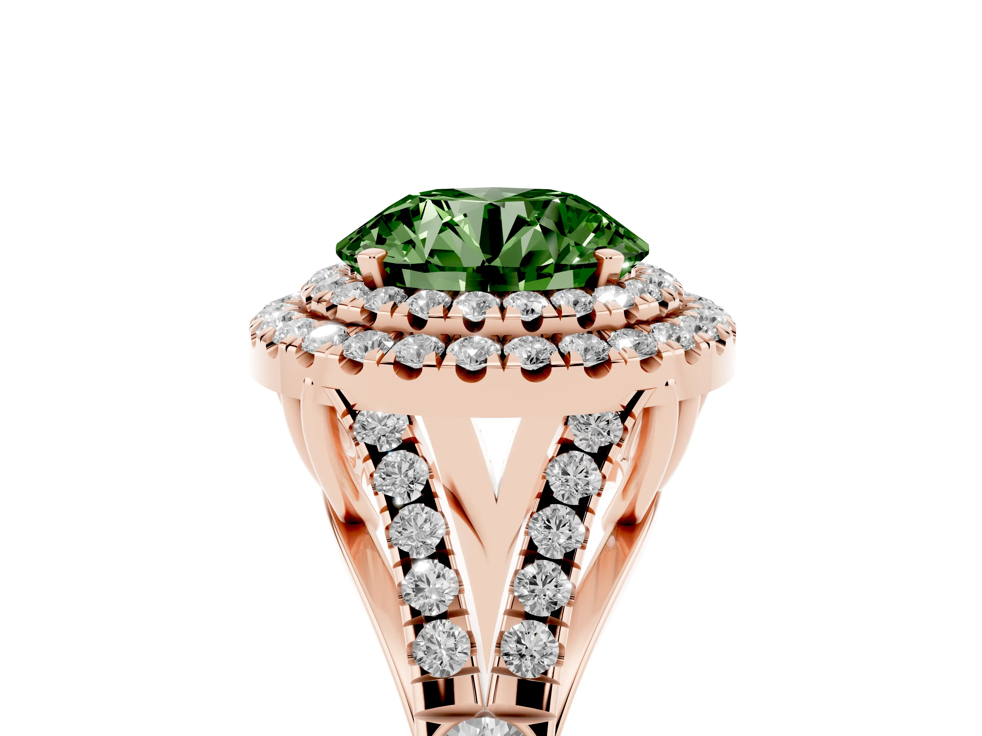 Fancy Green Round Cut Diamond Pavé Split Shank Double Halo Engagement Ring Set in Rose gold