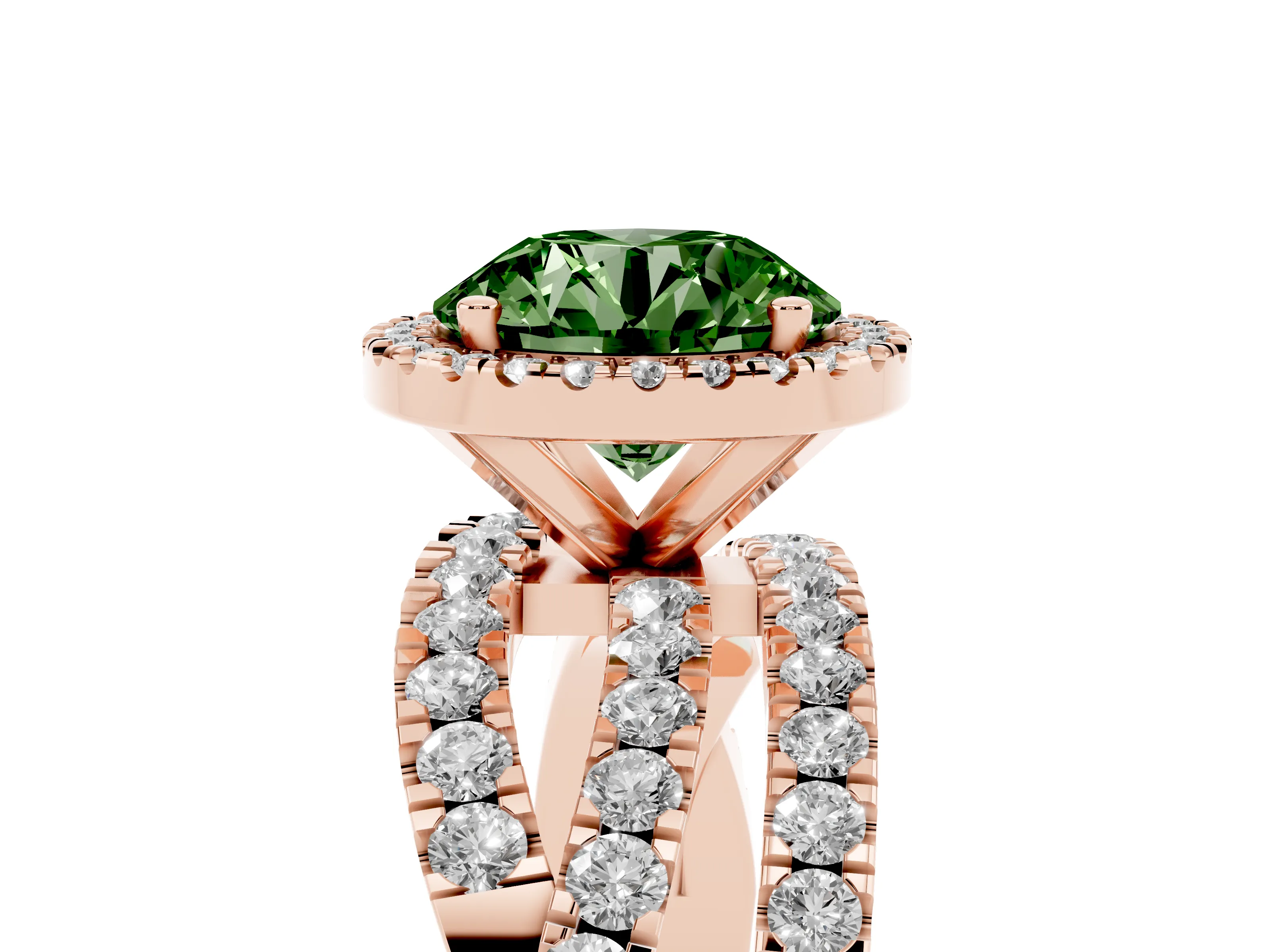 Fancy Green Round Cut Diamond Halo Ring Set in Rose gold with Round Crossover Split Shank and Prong Setting