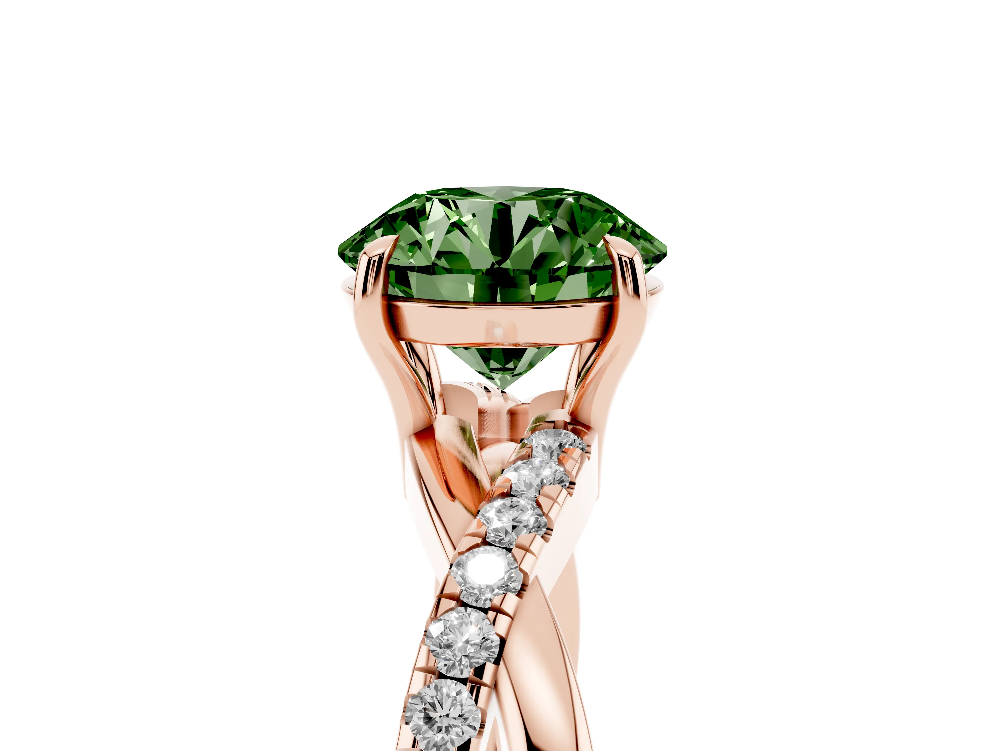 Fancy Green Round Cut Diamond Twisted Pavé Band Ring Set in Rose gold with Prong Setting