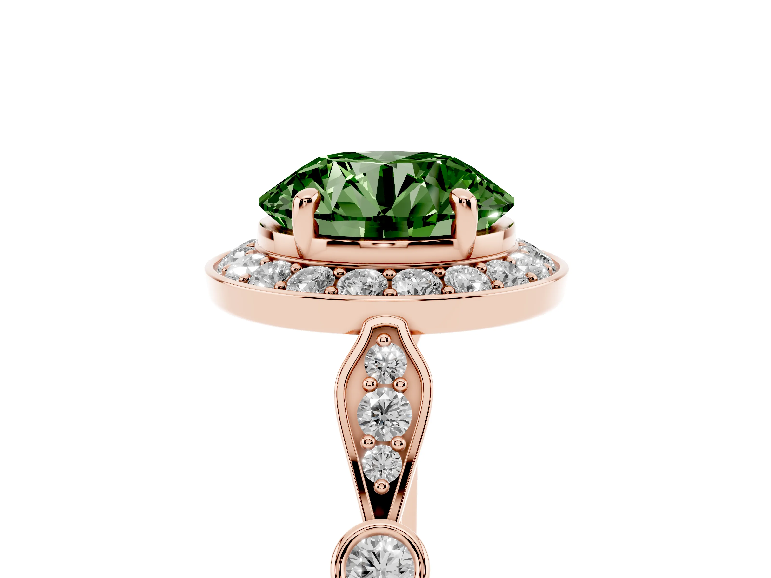 Fancy Green Round Cut Diamond Halo Engagement Ring Set in Rose gold with Twisted Band and Prong Setting