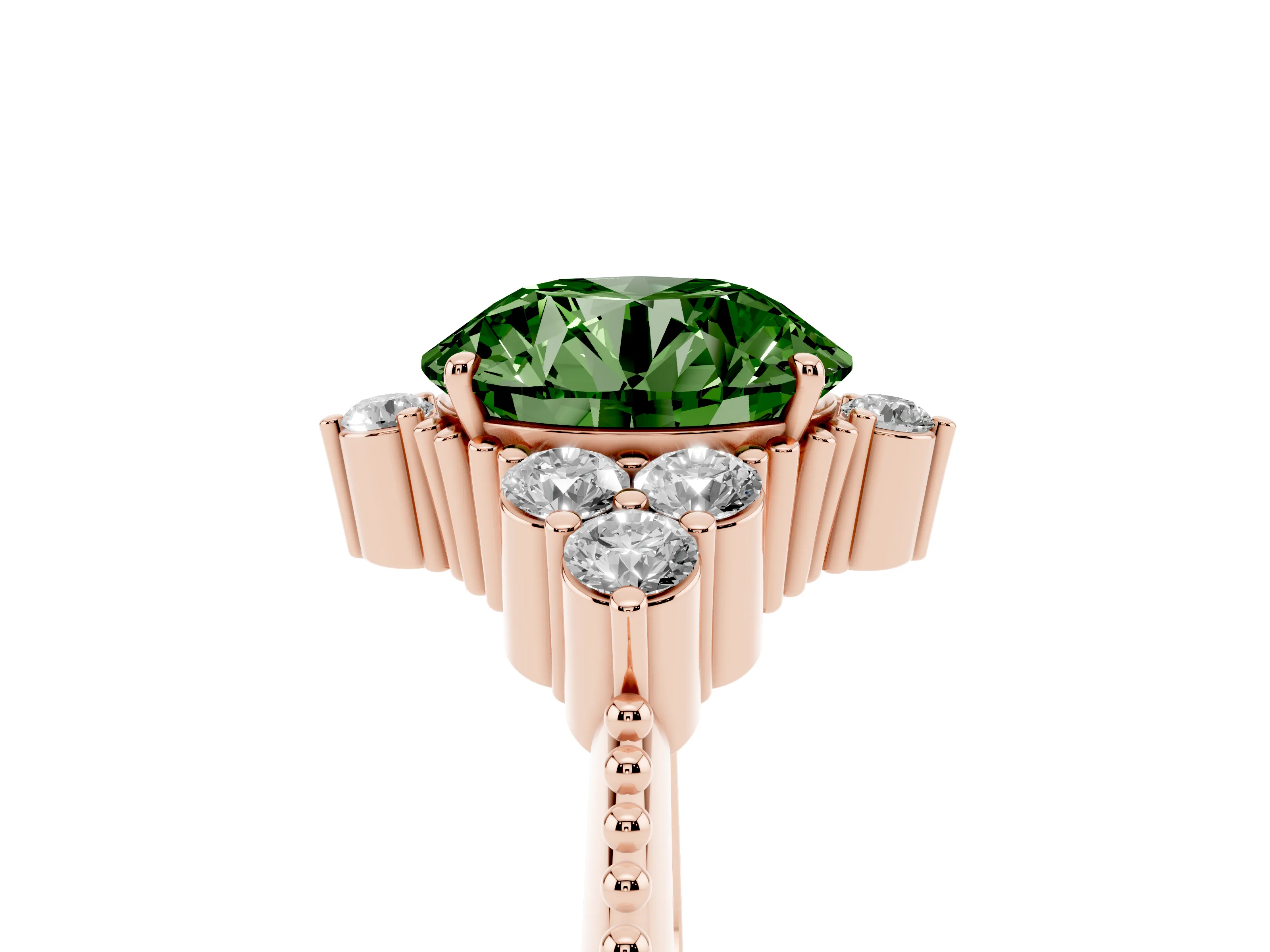 Fancy Green Round Cut Diamond Cluster Ring Set in Rose gold with Beaded Band