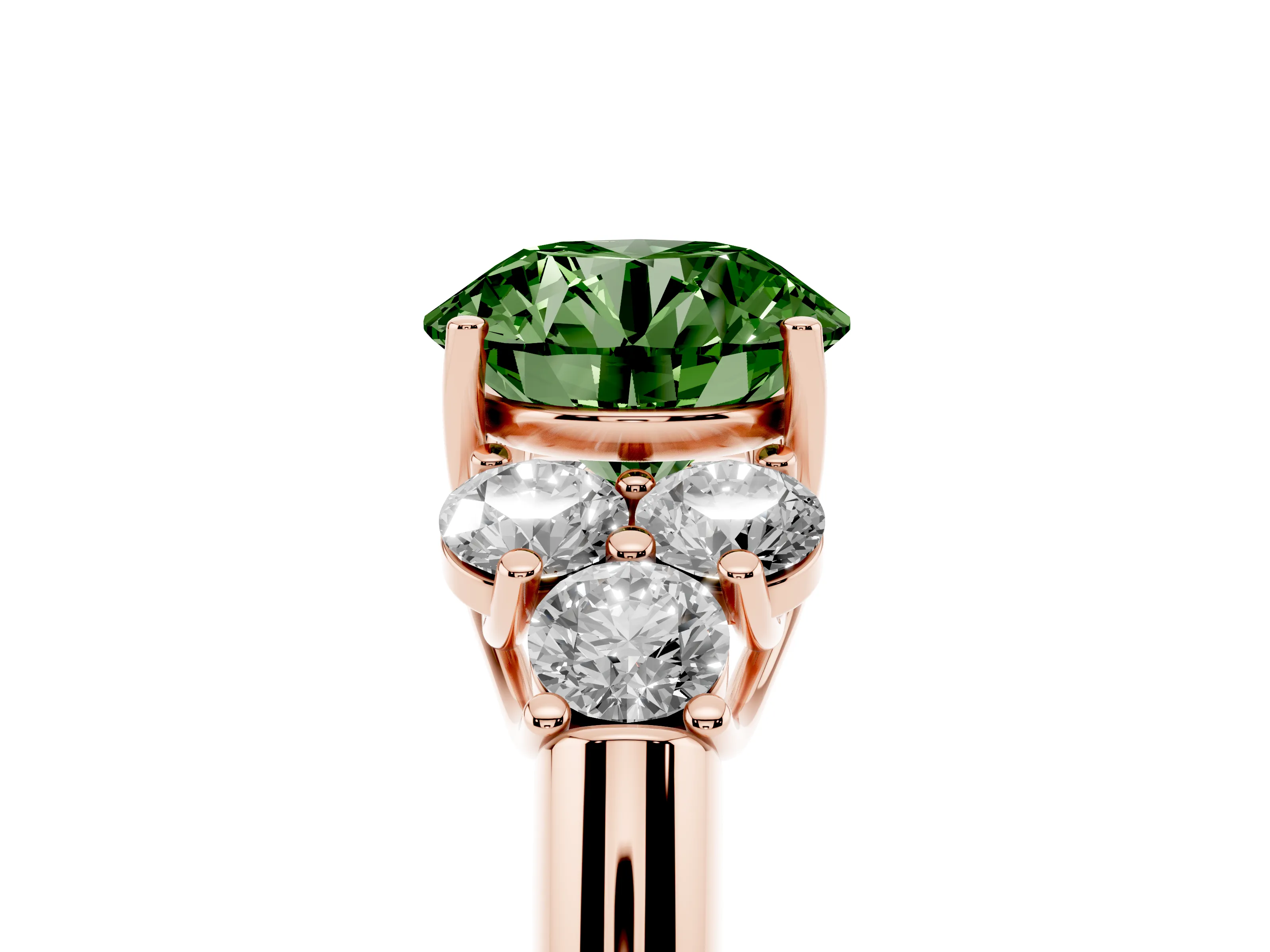 Fancy Green Round Cut Diamond Cluster Ring Set in Rose gold with Round Accent Stones and Prong Setting on a Plain Band