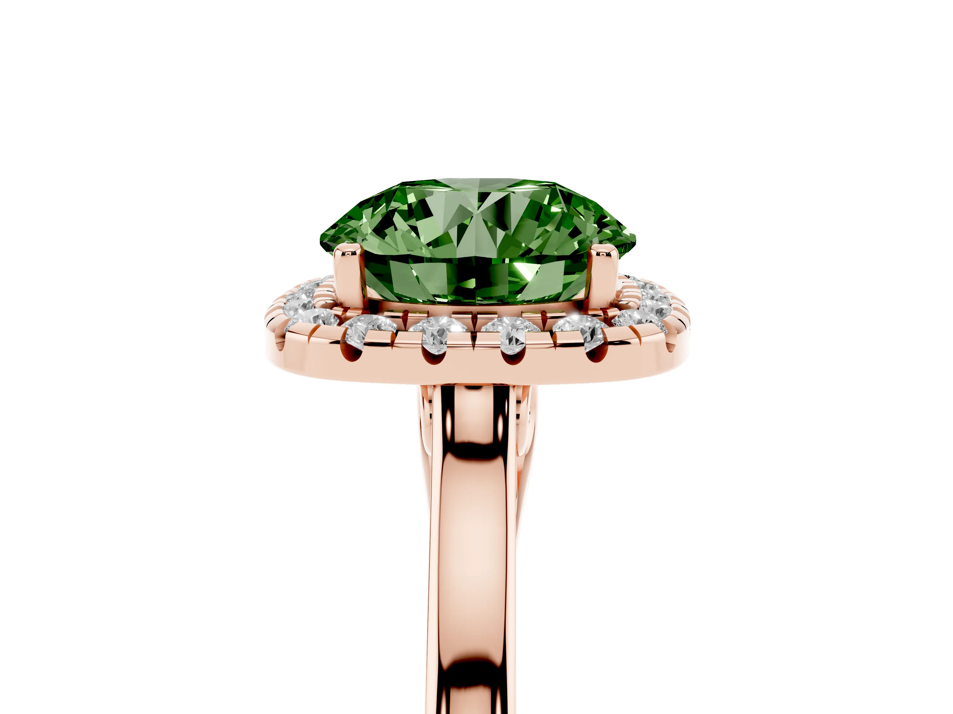 Fancy Green Round Cut Halo Round Diamond Solitaire Ring Set in Rose gold with Pavé Band and Prong Setting