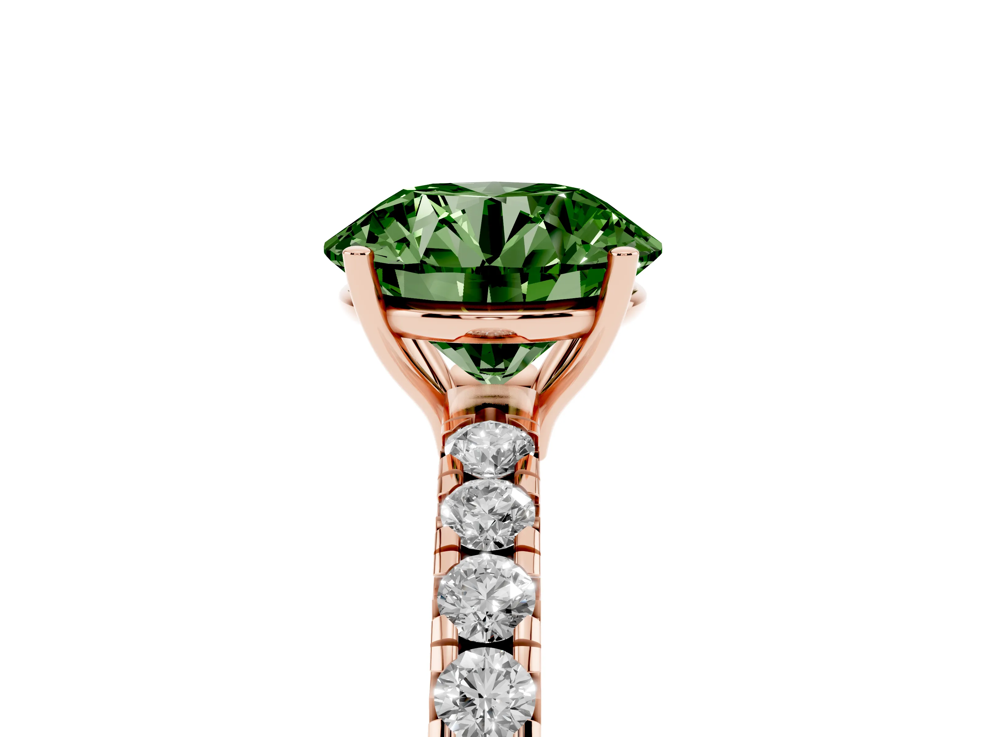 Fancy Green Round Cut Diamond Pavé Solitaire Engagement Ring Set in Rose gold with Prong Setting