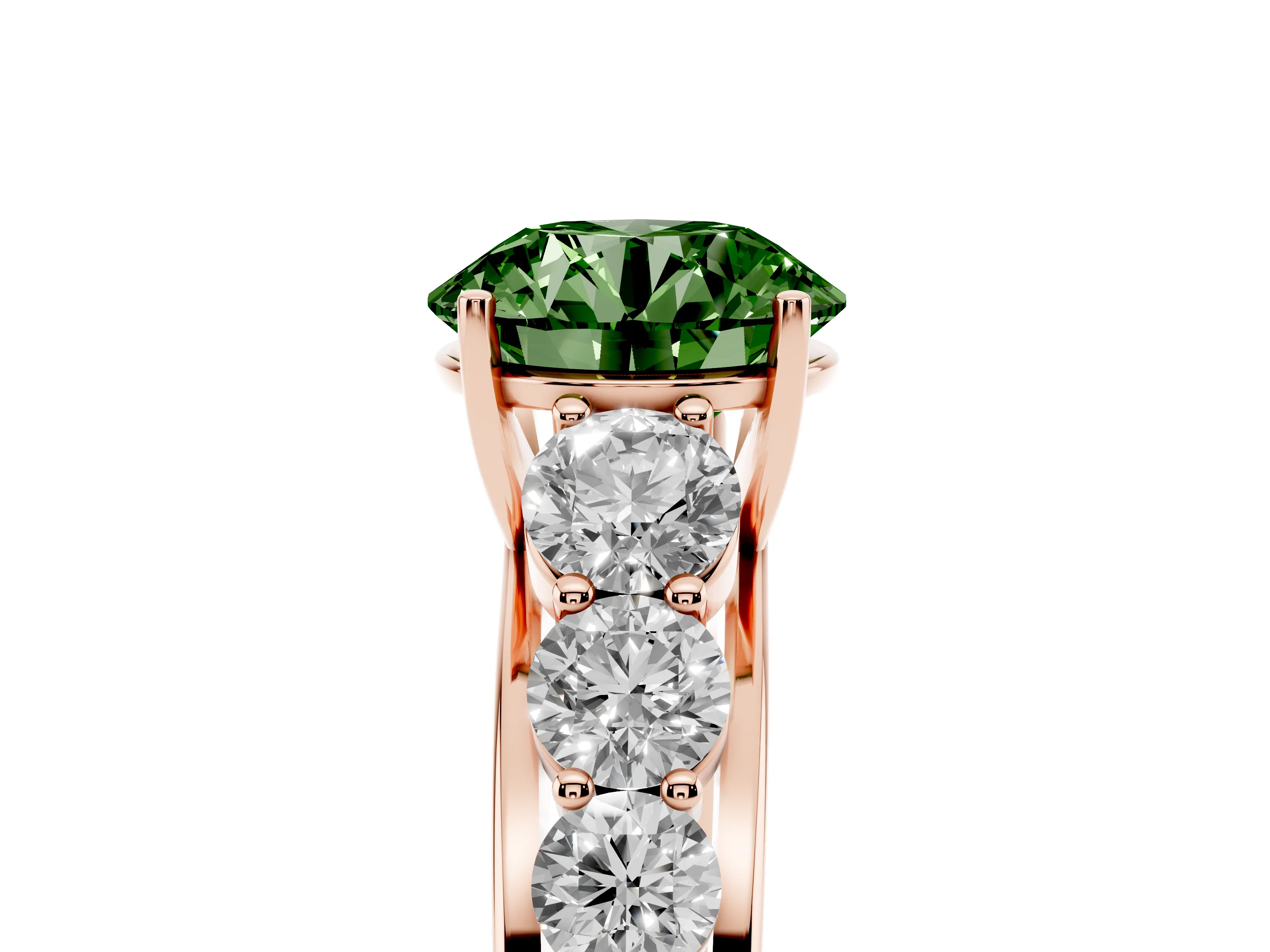 Fancy Green Round Cut Diamond Solitaire Ring Set in Rose gold with Pavé-Set Band and Prong Setting