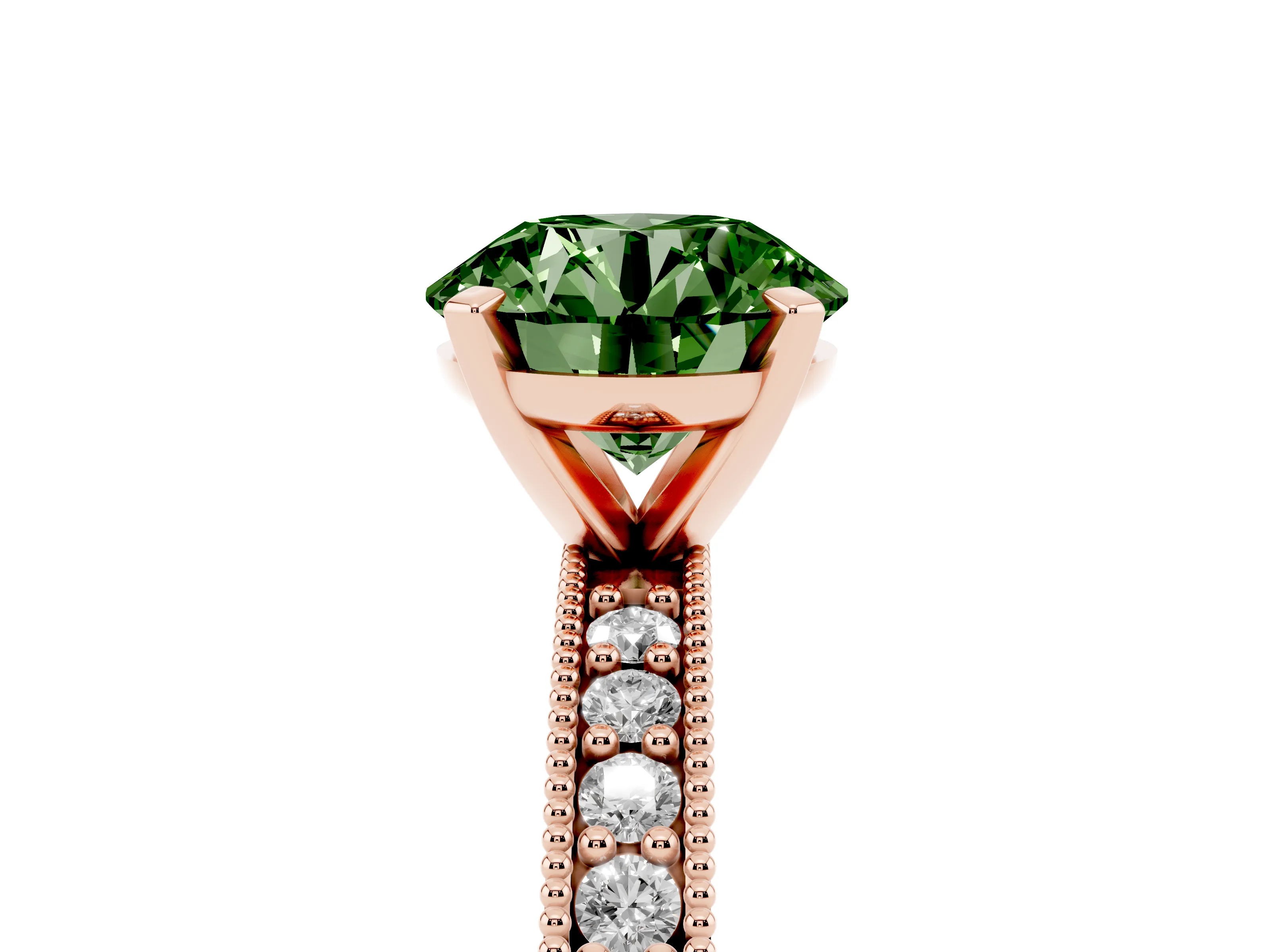 Fancy Green Round Cut Diamond Milgrain Pavé Engagement Ring Set in Rose gold with Prong Setting