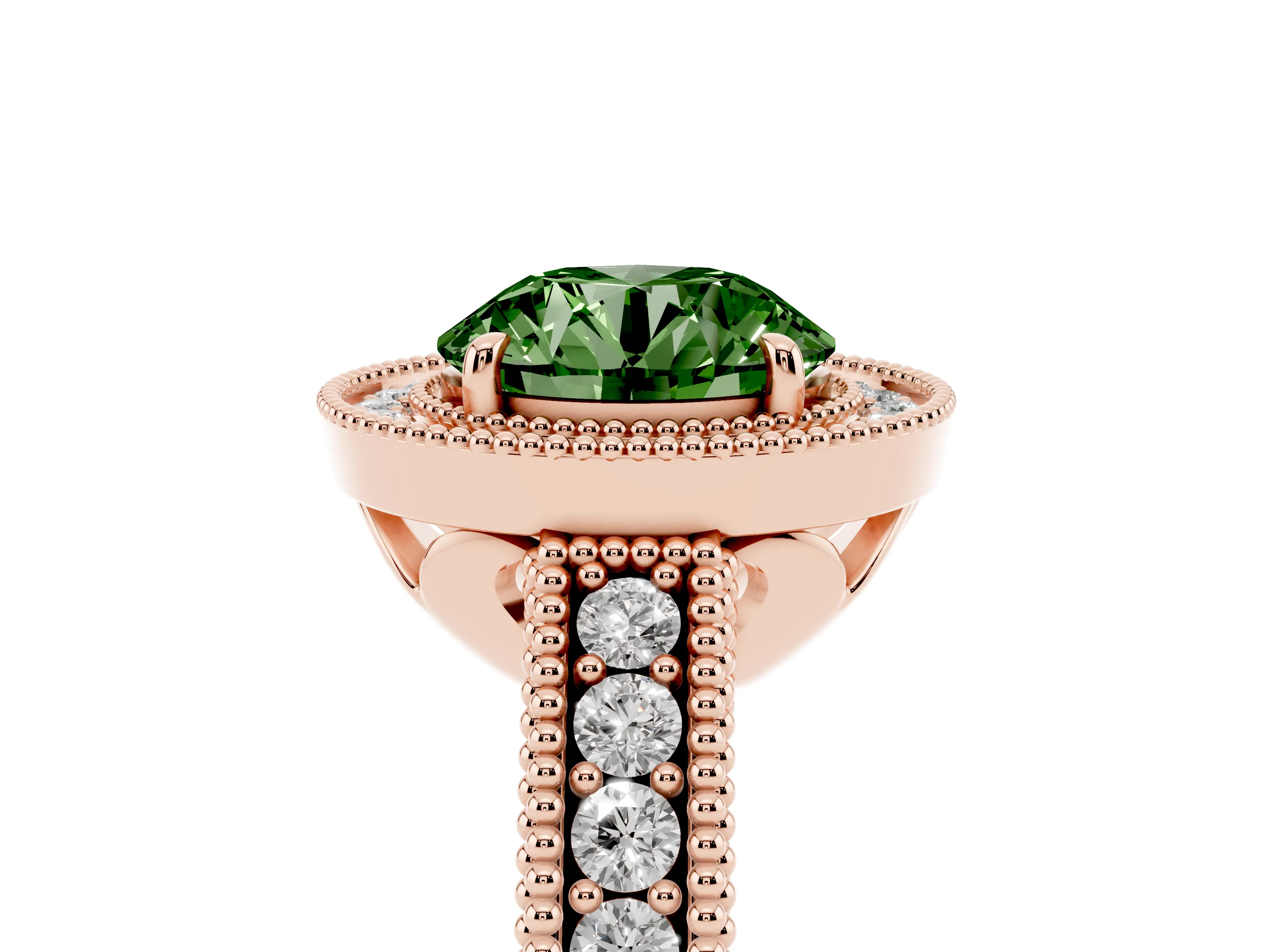 Fancy Green Round Cut Diamond Halo Ring Set in Rose gold with Round Accent Halo, Pavé Band and Prong Setting
