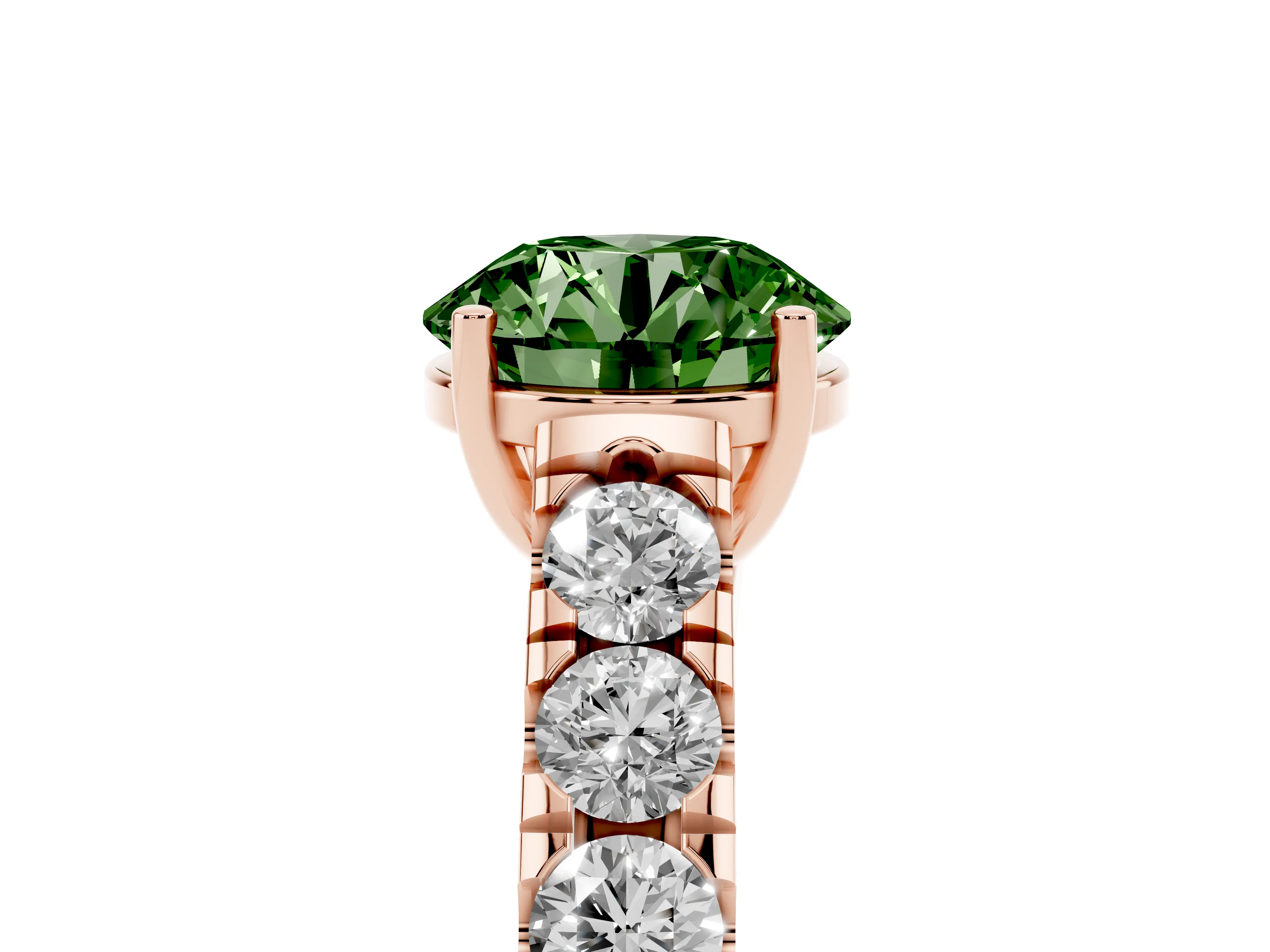 Fancy Green Round Cut Diamond Solitaire Ring Set in Rose gold with Cut-Down Micro Pavé Band and Prong Setting